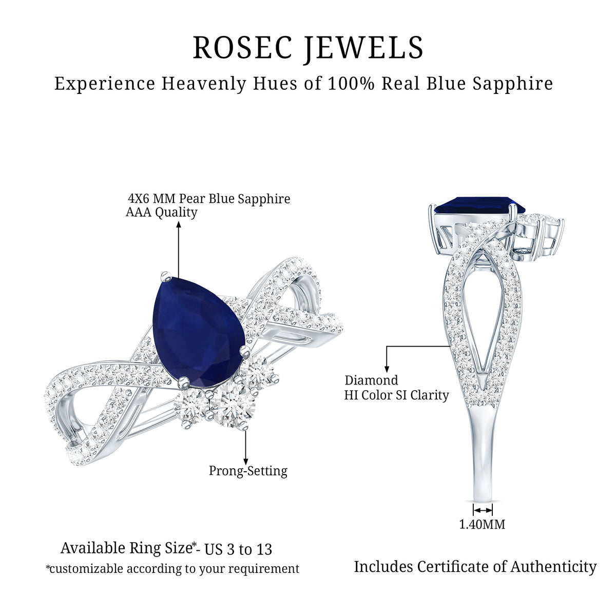 Real 0.5 Blue Sapphire Pear Shape Engagement Ring with Diamond Crossover AAA - Rosec Jewels