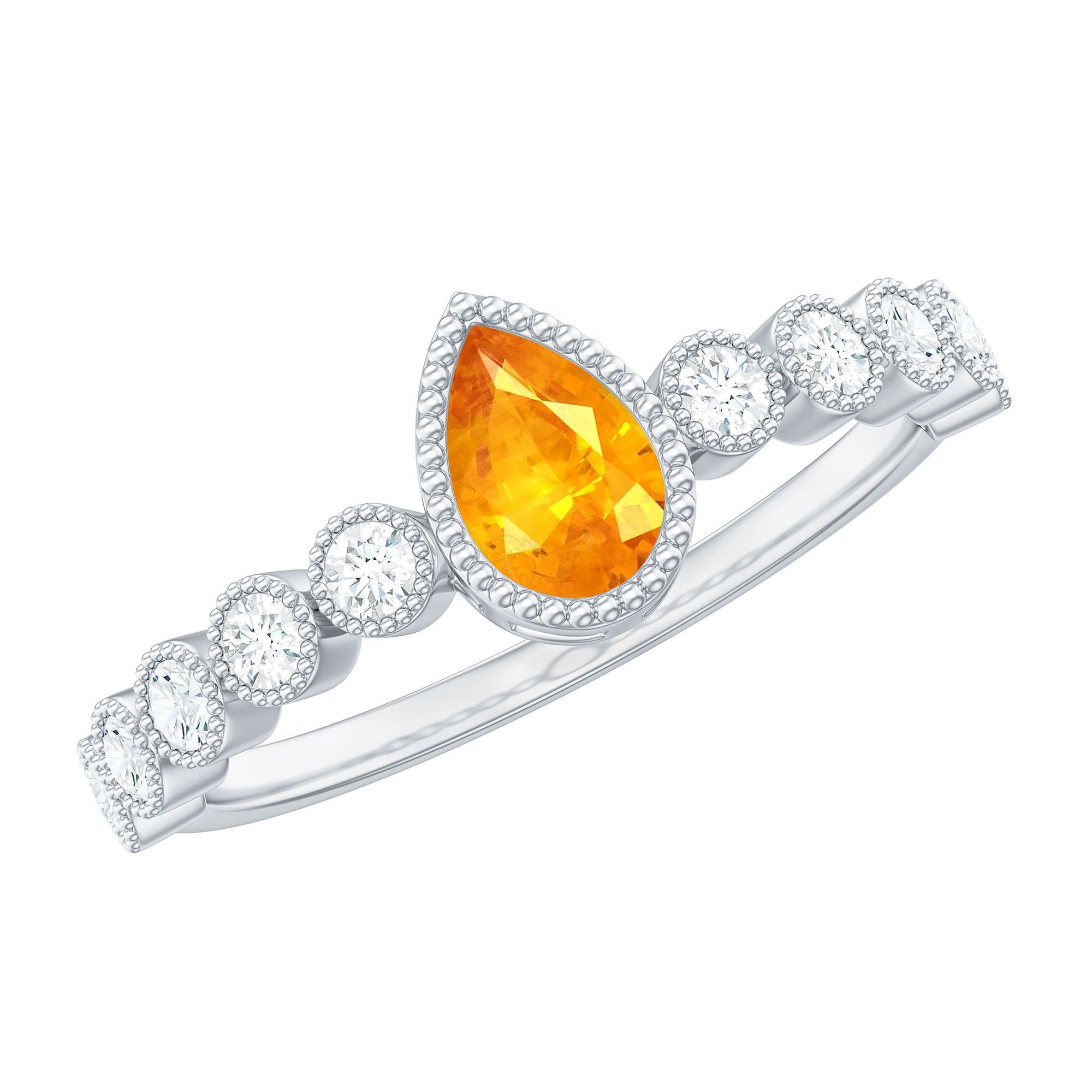 Beaded Bezel Set Pear Cut Orange Sapphire Ring with Diamond