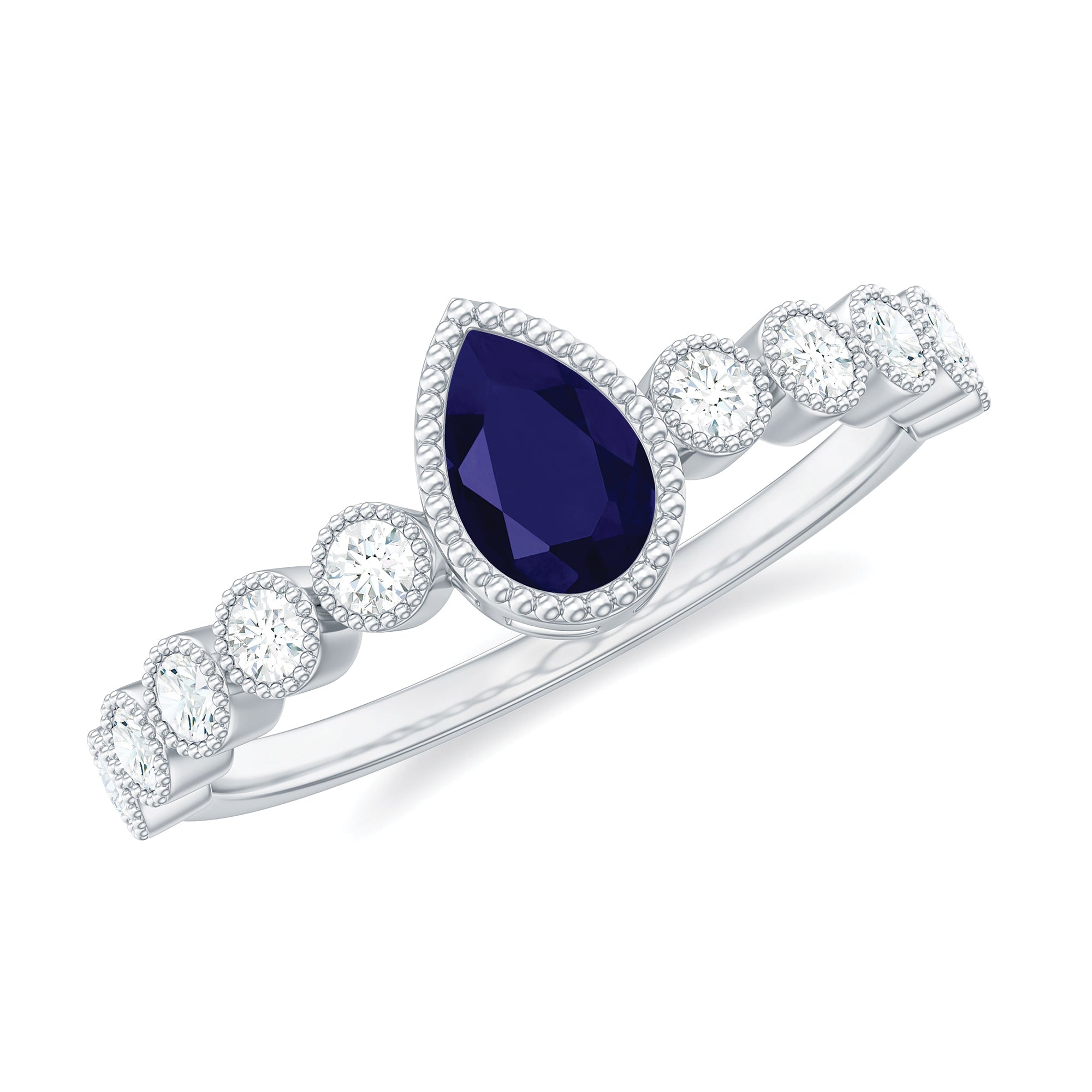 Pear Cut Blue Sapphire Solitaire Ring with Diamond Accent