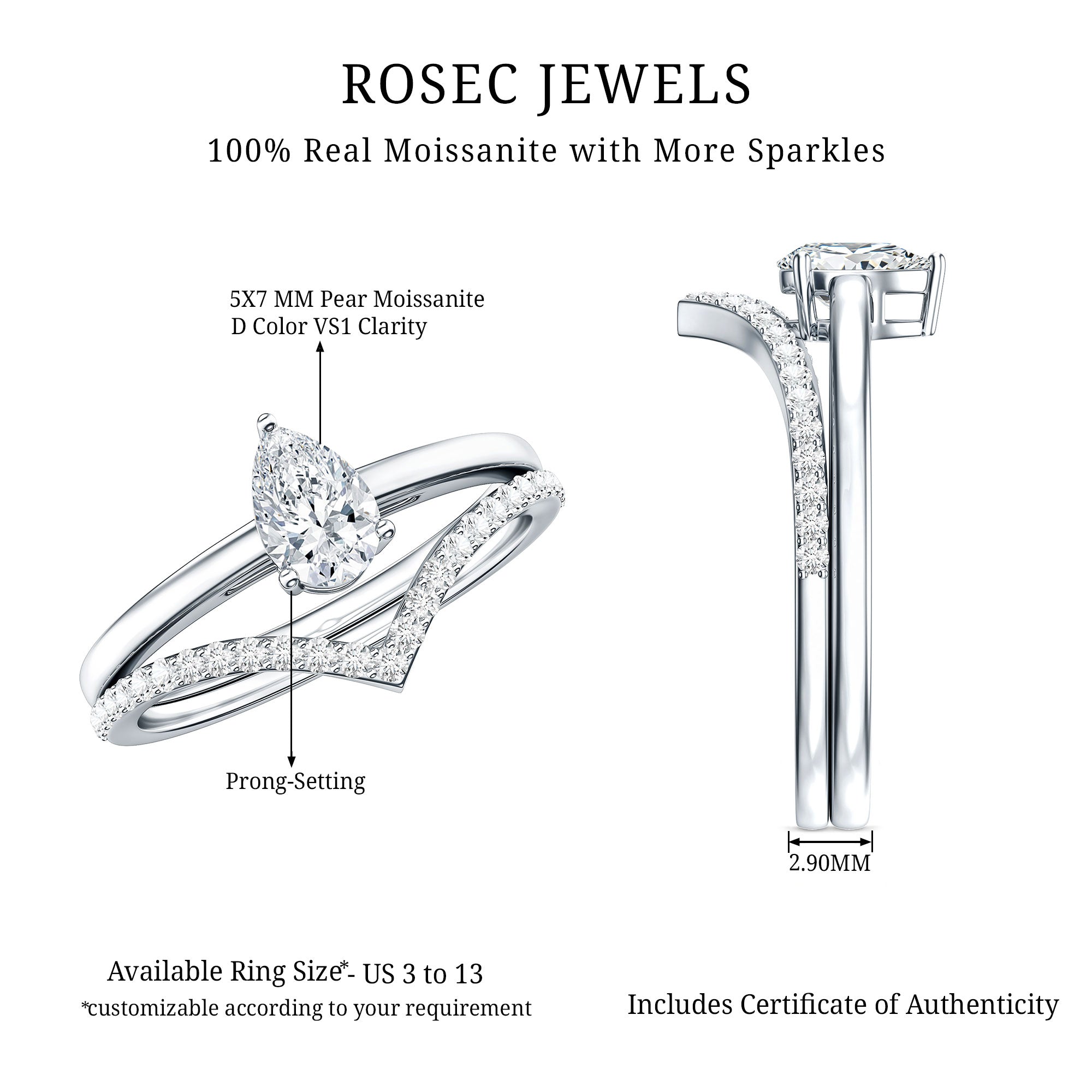 Pear Cut Solitaire Moissanite Engagement Ring with Enhancer D-VS1 - Rosec Jewels