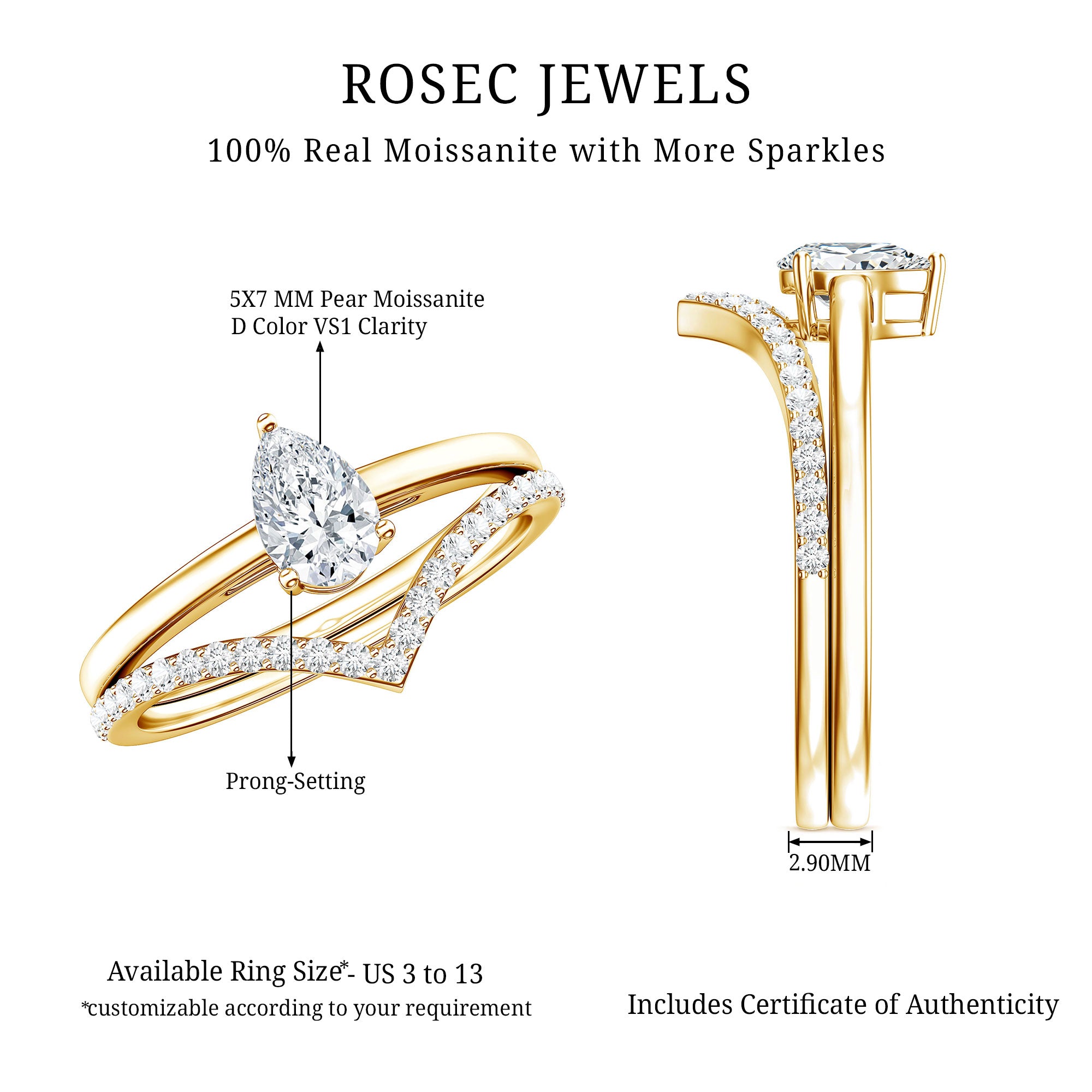 Rosec Jewels-Pear Cut Solitaire Moissanite Engagement Ring with Enhancer