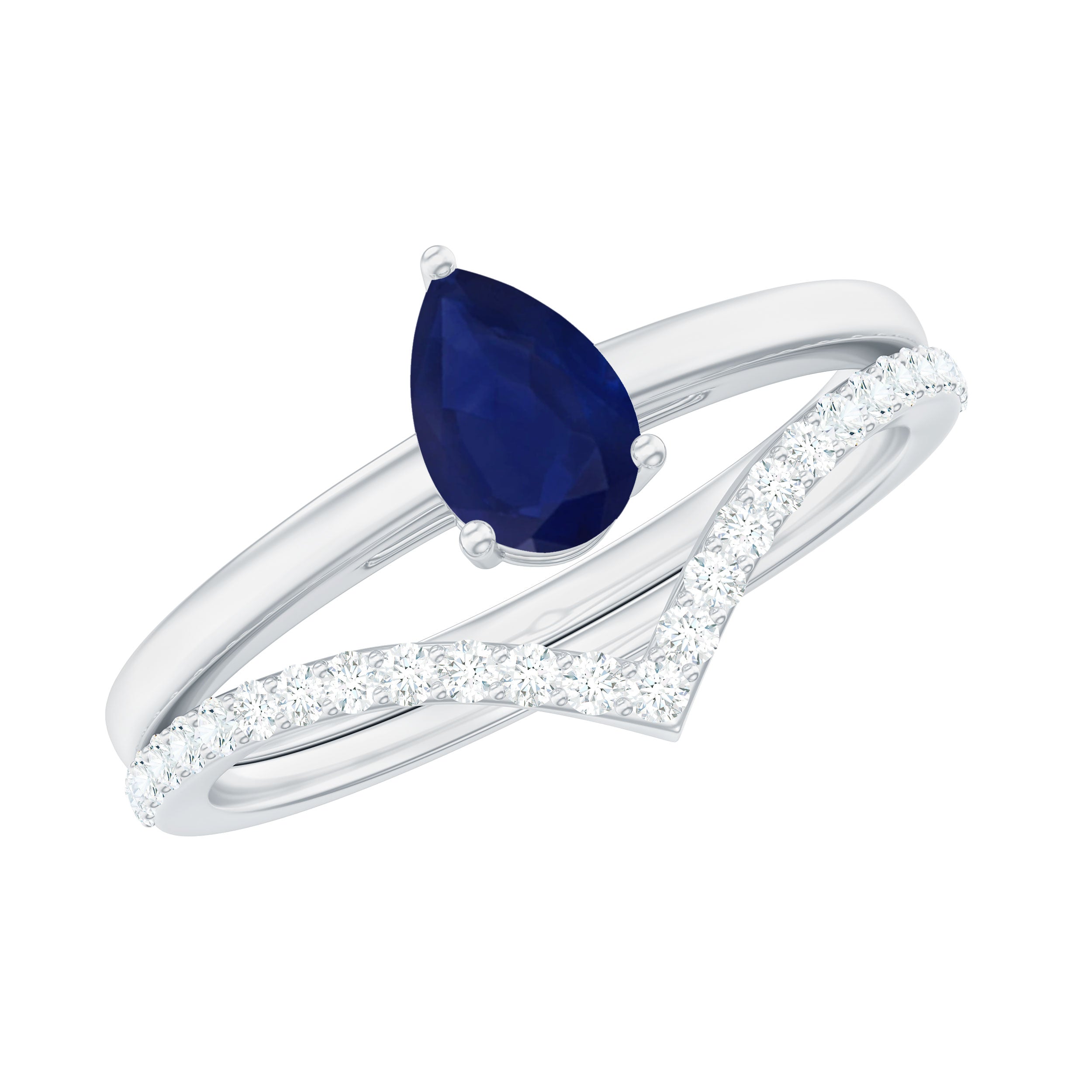 1 CT Pear Cut Blue Sapphire Solitaire Ring Set with Diamond Enhancer Band AAA - Rosec Jewels