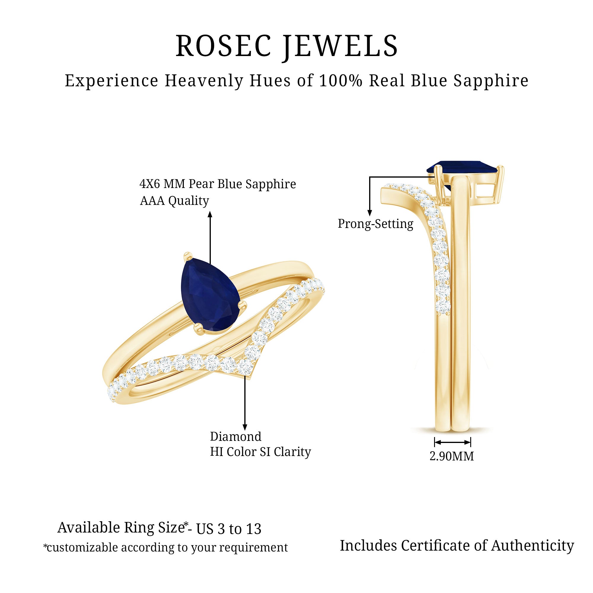 1 CT Pear Cut Blue Sapphire Solitaire Ring Set with Diamond Enhancer Band AAA - Rosec Jewels