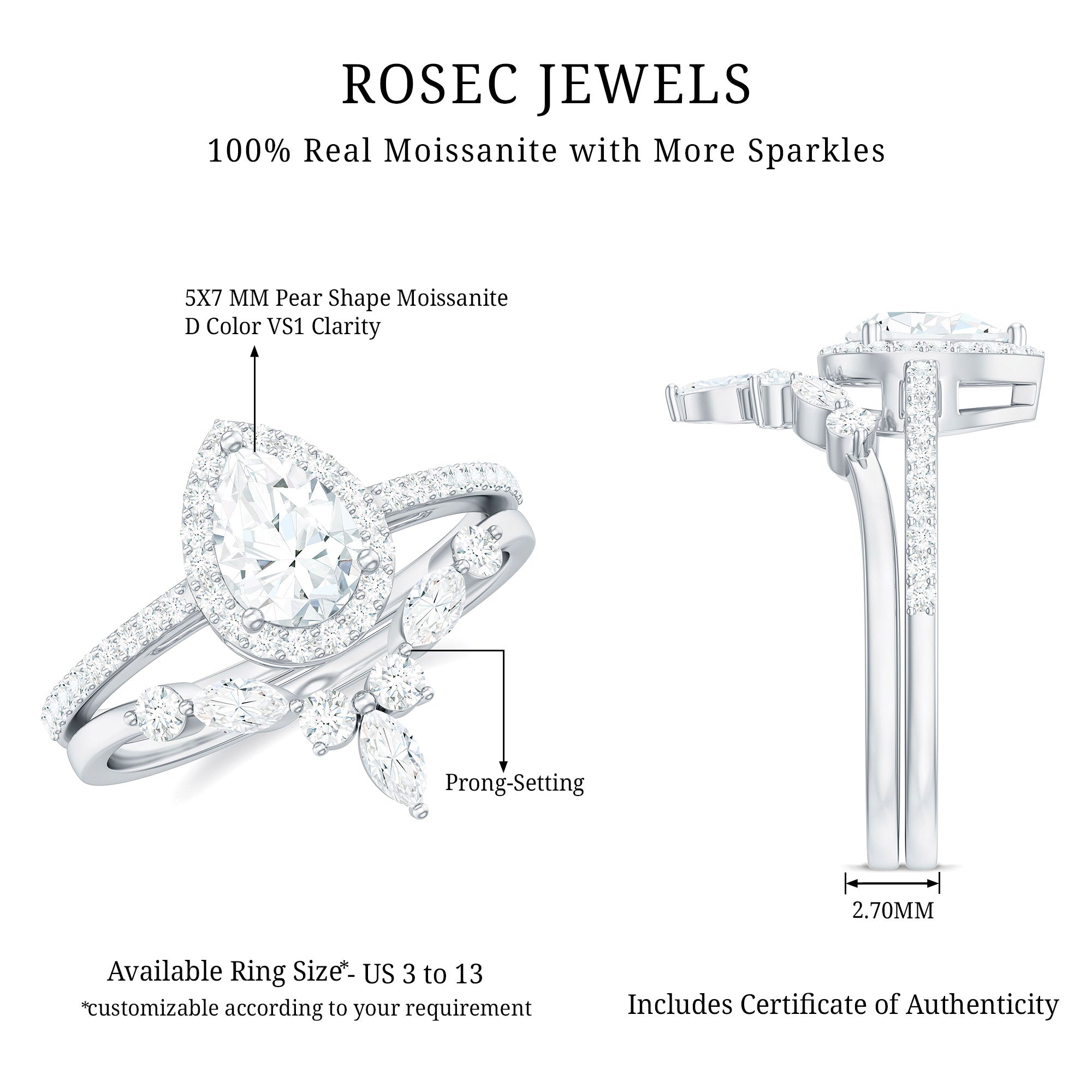 Rosec Jewels-Pear Cut Moissanite Halo Bridal Ring Set with Certificate