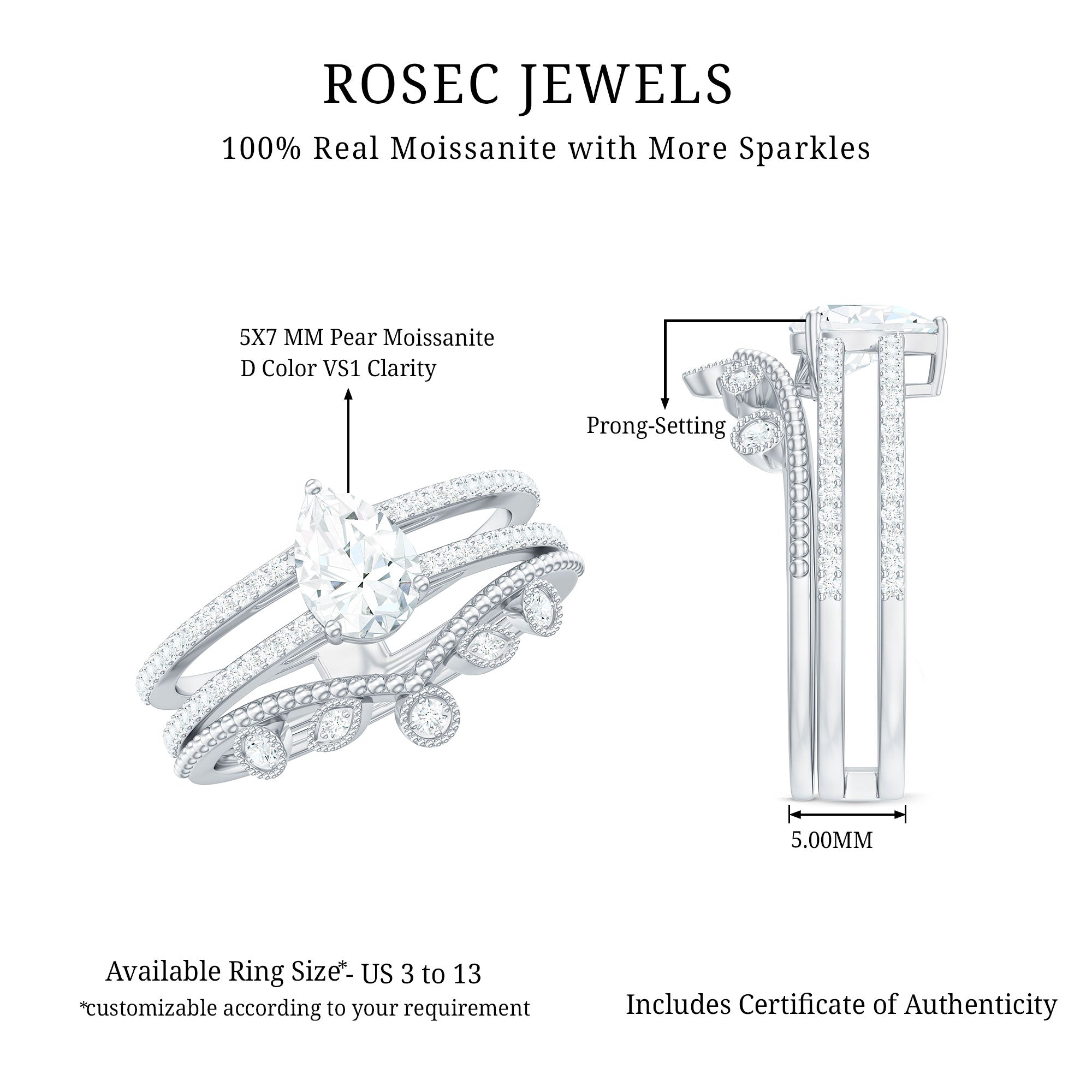 Pear Moissanite Double Band Engagement Ring with Enhancer D-VS1 - Rosec Jewels