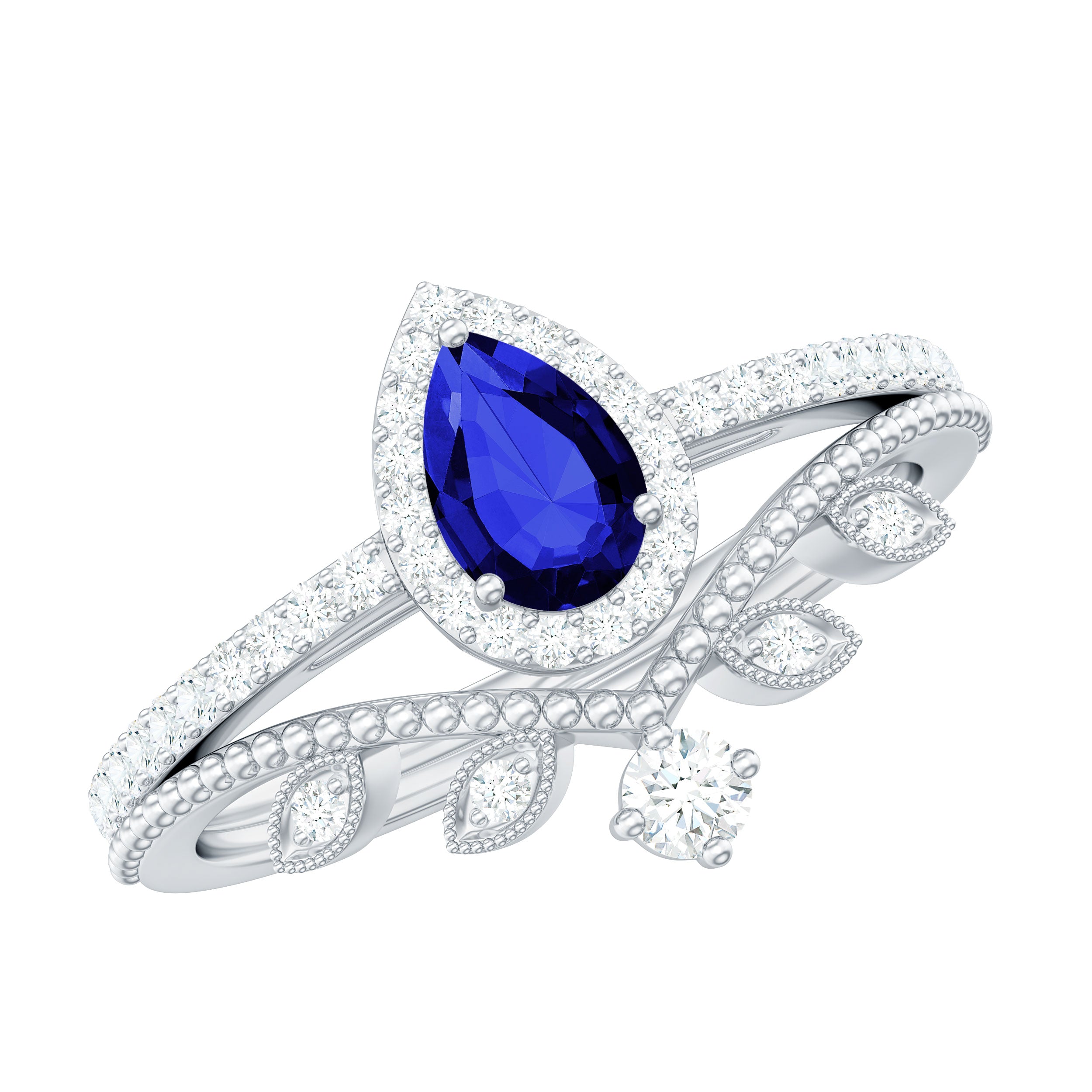 Created Blue Sapphire and Diamond Vintage Inspired Wedding Ring Set