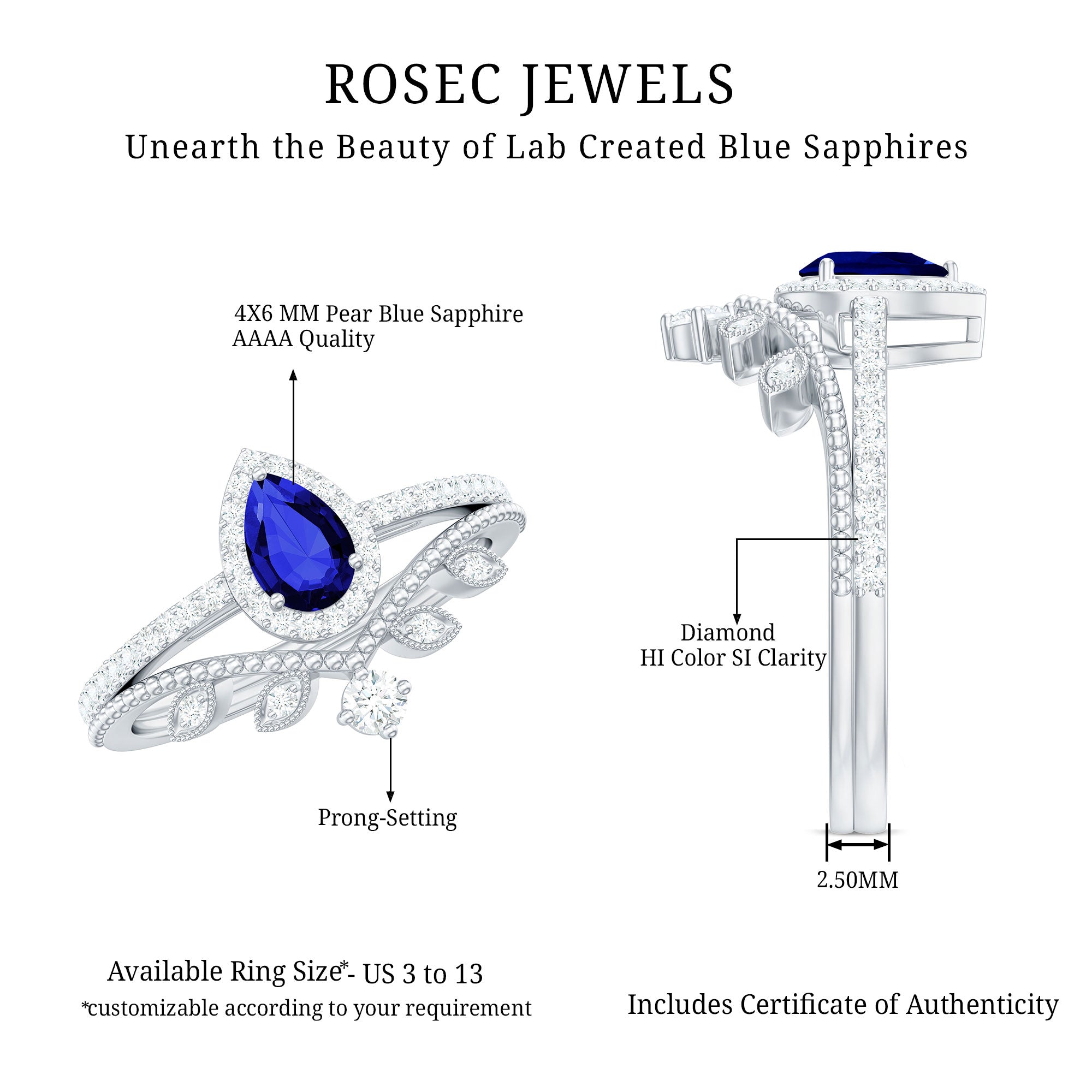 Rosec Jewels-Lab Grown Blue Sapphire Pear Shaped Engagement Ring Set with Diamond