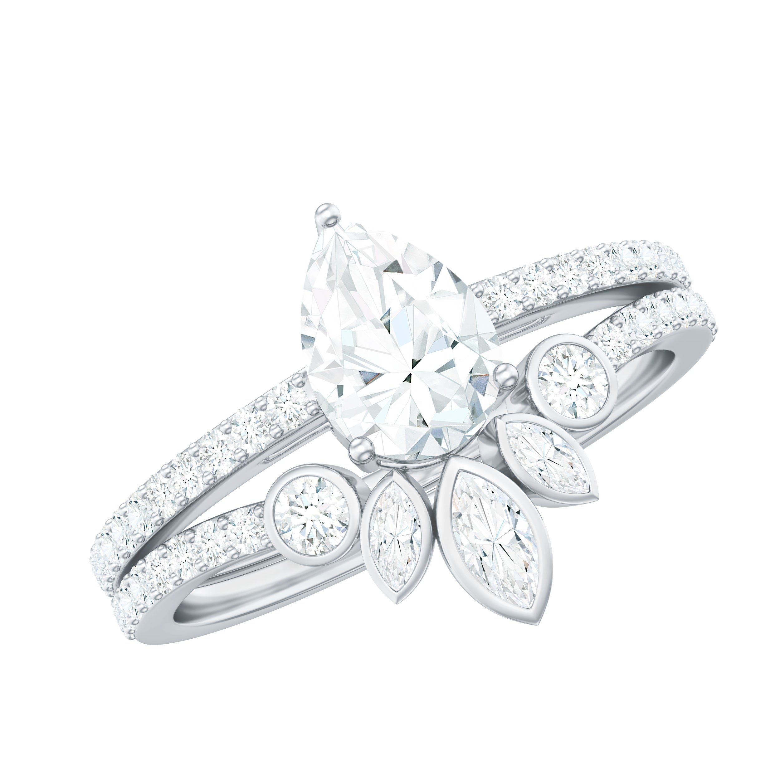 Pear Cut Moissanite Solitaire Bridal Ring Set with Certificate