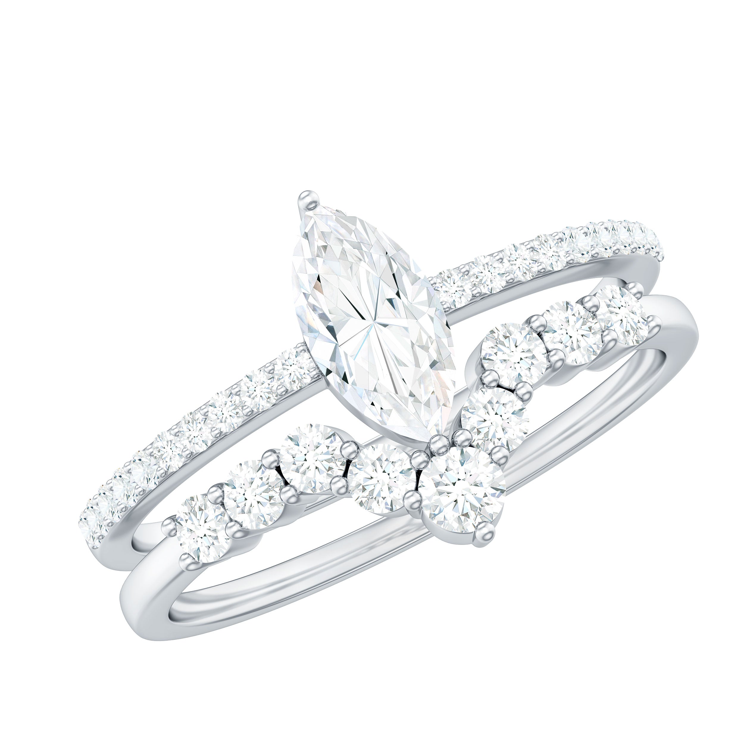 Marquise Cut Moissanite Engagement Ring with V-Shaped Wedding Band