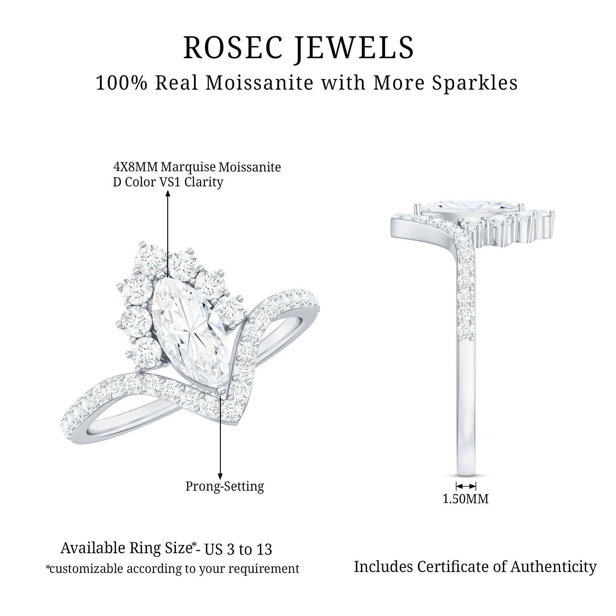 Marquise Cut Moissanite Designer Engagement Ring D-VS1 - Rosec Jewels