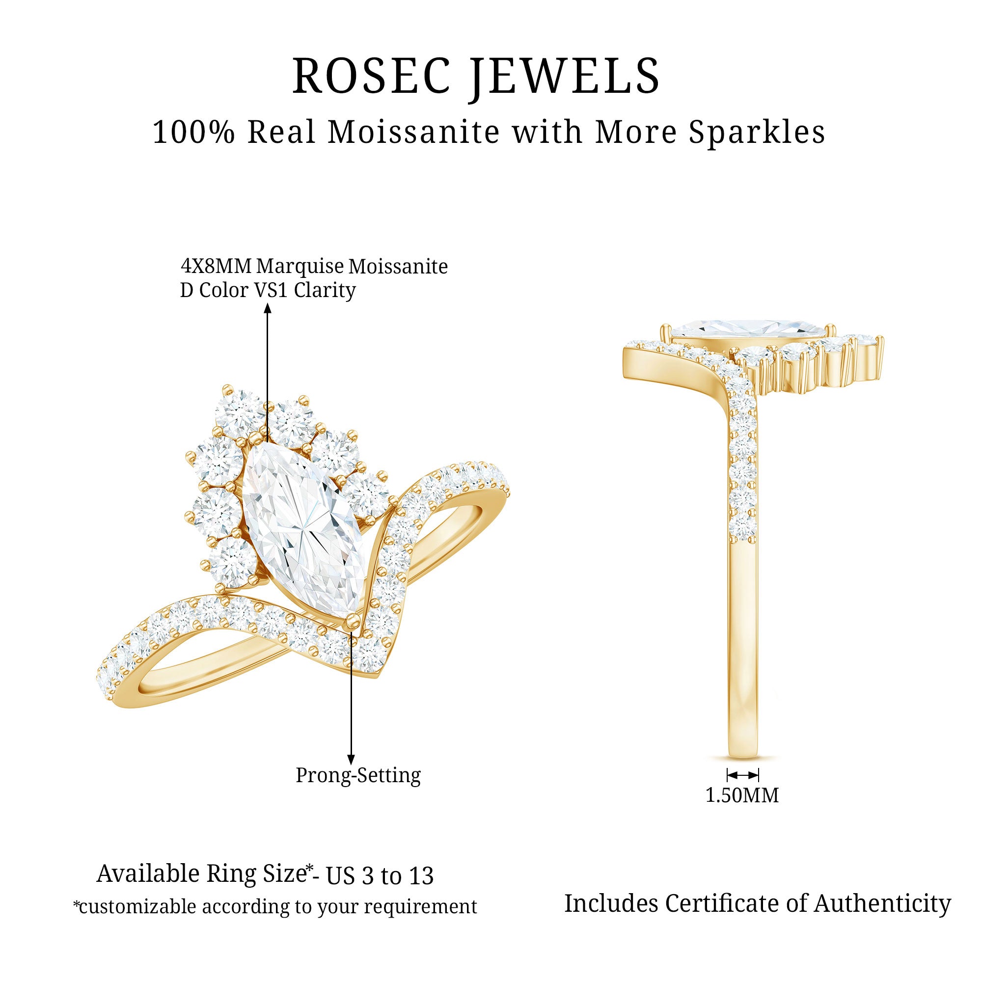 Marquise Cut Moissanite Designer Engagement Ring D-VS1 - Rosec Jewels