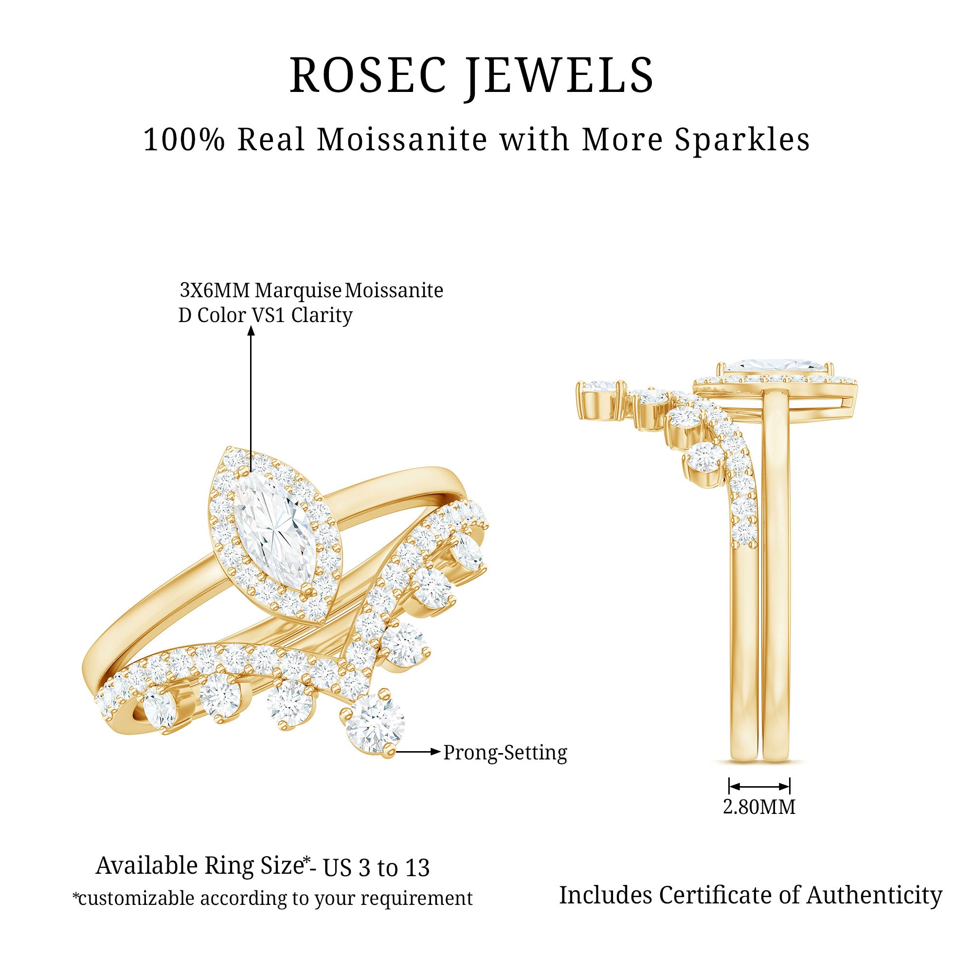 Marquise Cut Moissanite Halo Wedding Ring Set For Women D-VS1 - Rosec Jewels