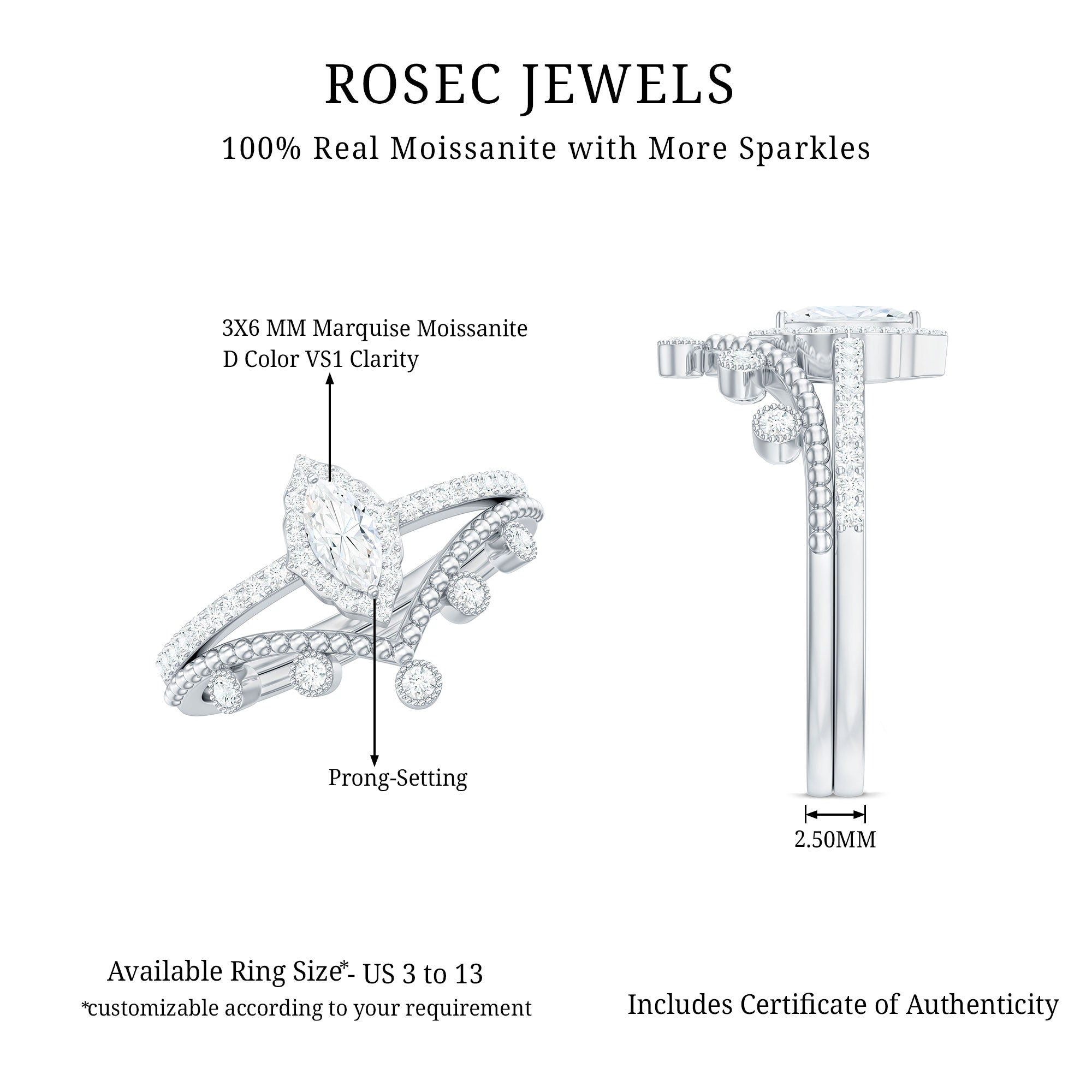 Rosec Jewels-Marquise Cut Moissanite Vintage Wedding Ring Set