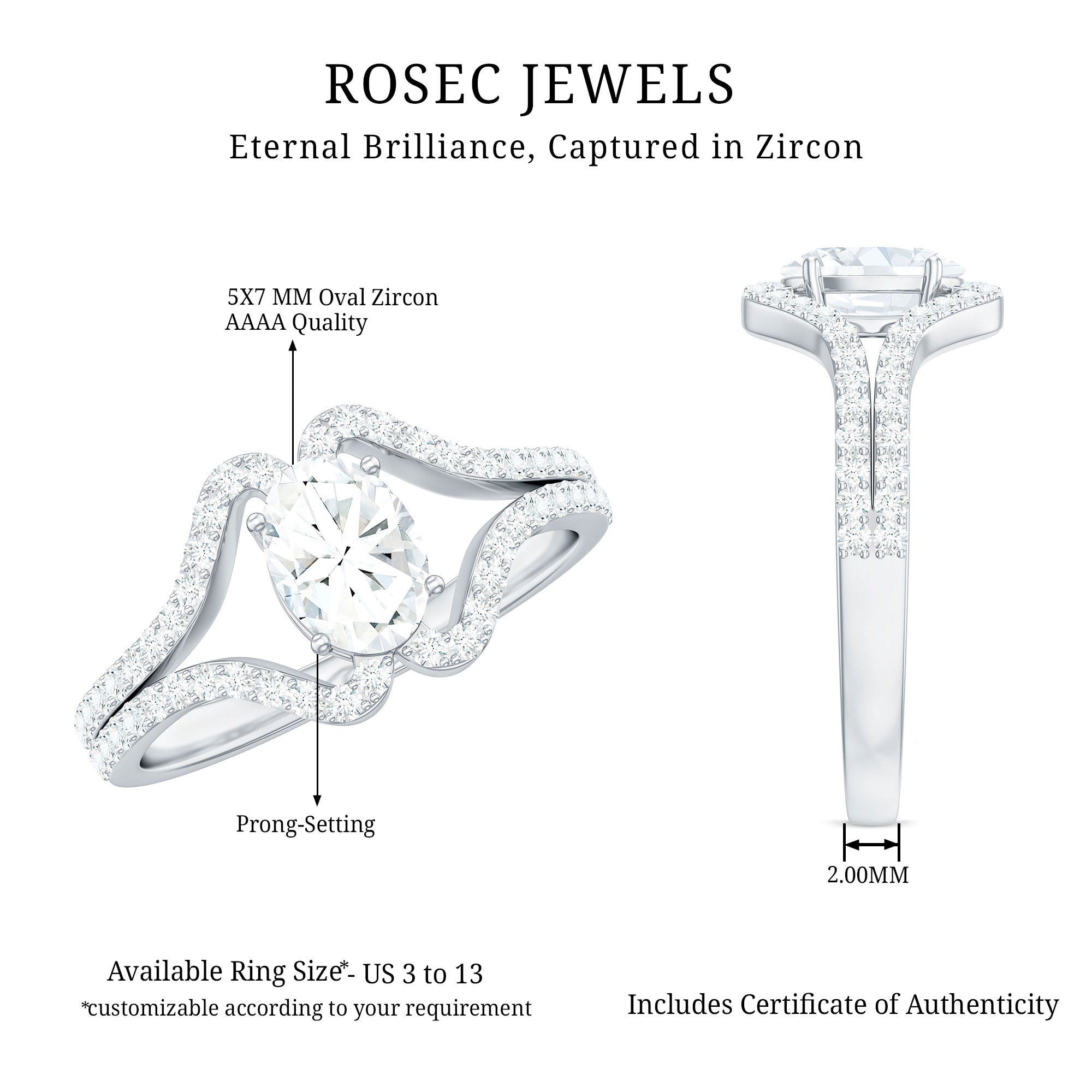 2.25 CT Oval Cut Zircon Engagement Ring with Split Shank AAAA - Rosec Jewels