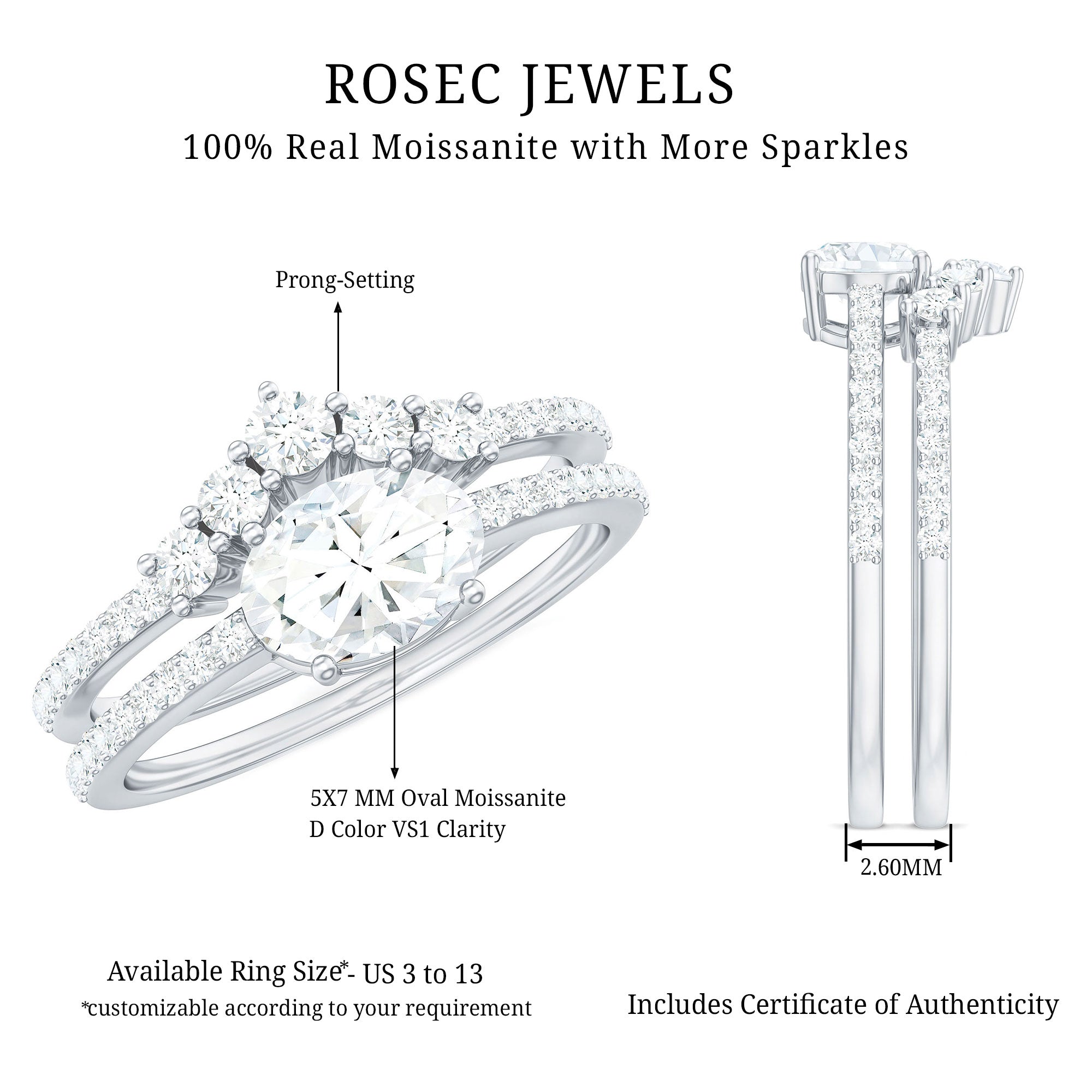 Oval Cut Moissanite Engagement Ring with Wedding Band Set D-VS1 - Rosec Jewels