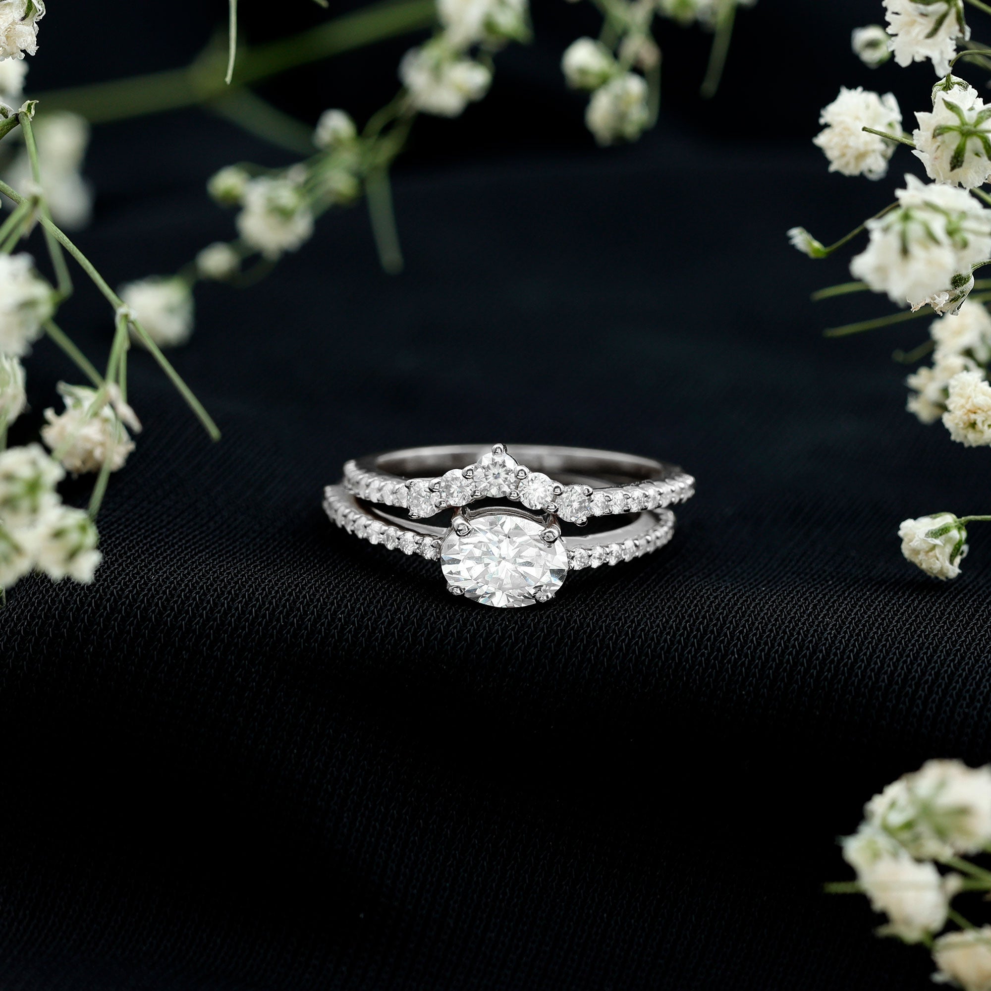 Oval Cut Moissanite Engagement Ring with Wedding Band Set D-VS1 - Rosec Jewels