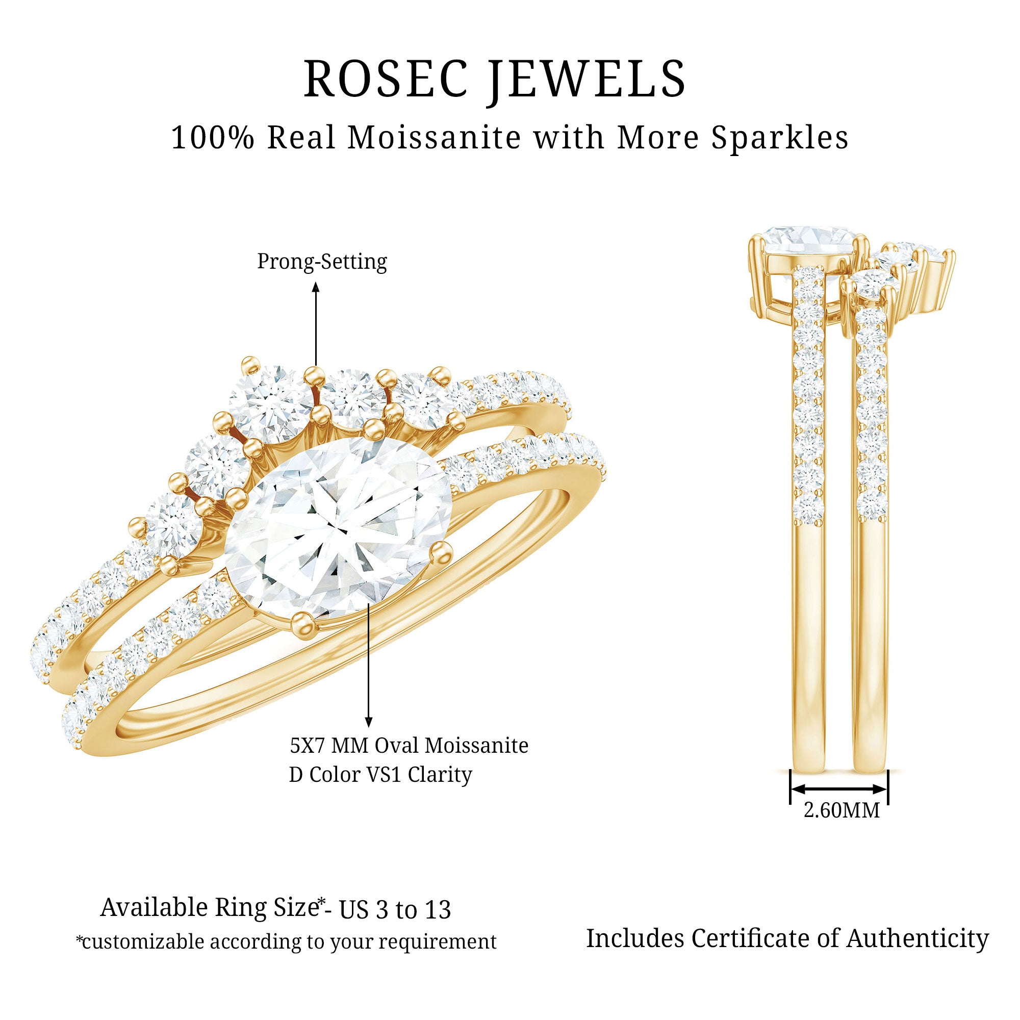 Oval Cut Moissanite Engagement Ring with Wedding Band Set D-VS1 - Rosec Jewels
