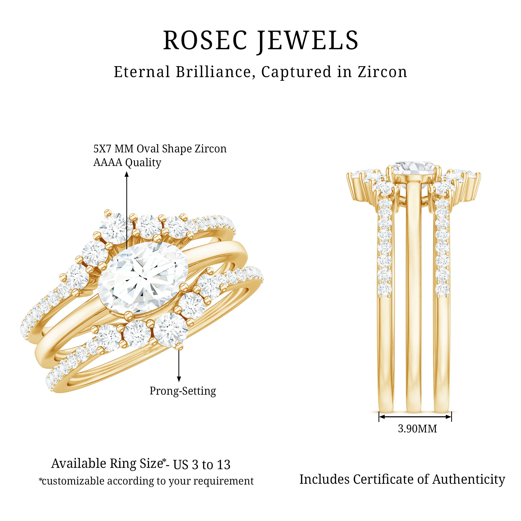 2.25 CT Oval Zircon Trio Wedding Ring Set in Gold AAAA - Rosec Jewels