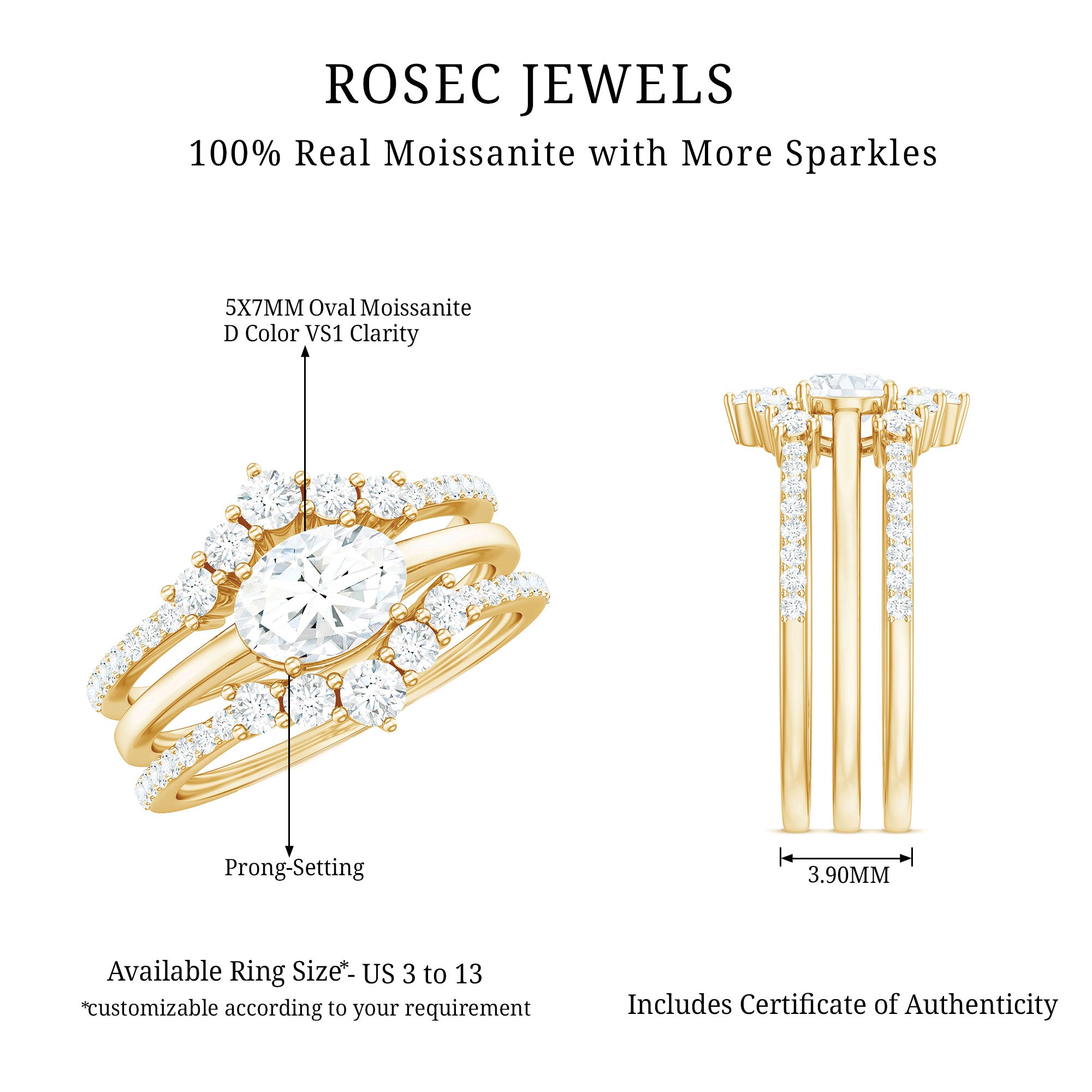Rosec Jewels-Brilliant Cut Moissanite Trio Wedding Ring Set with Certificate