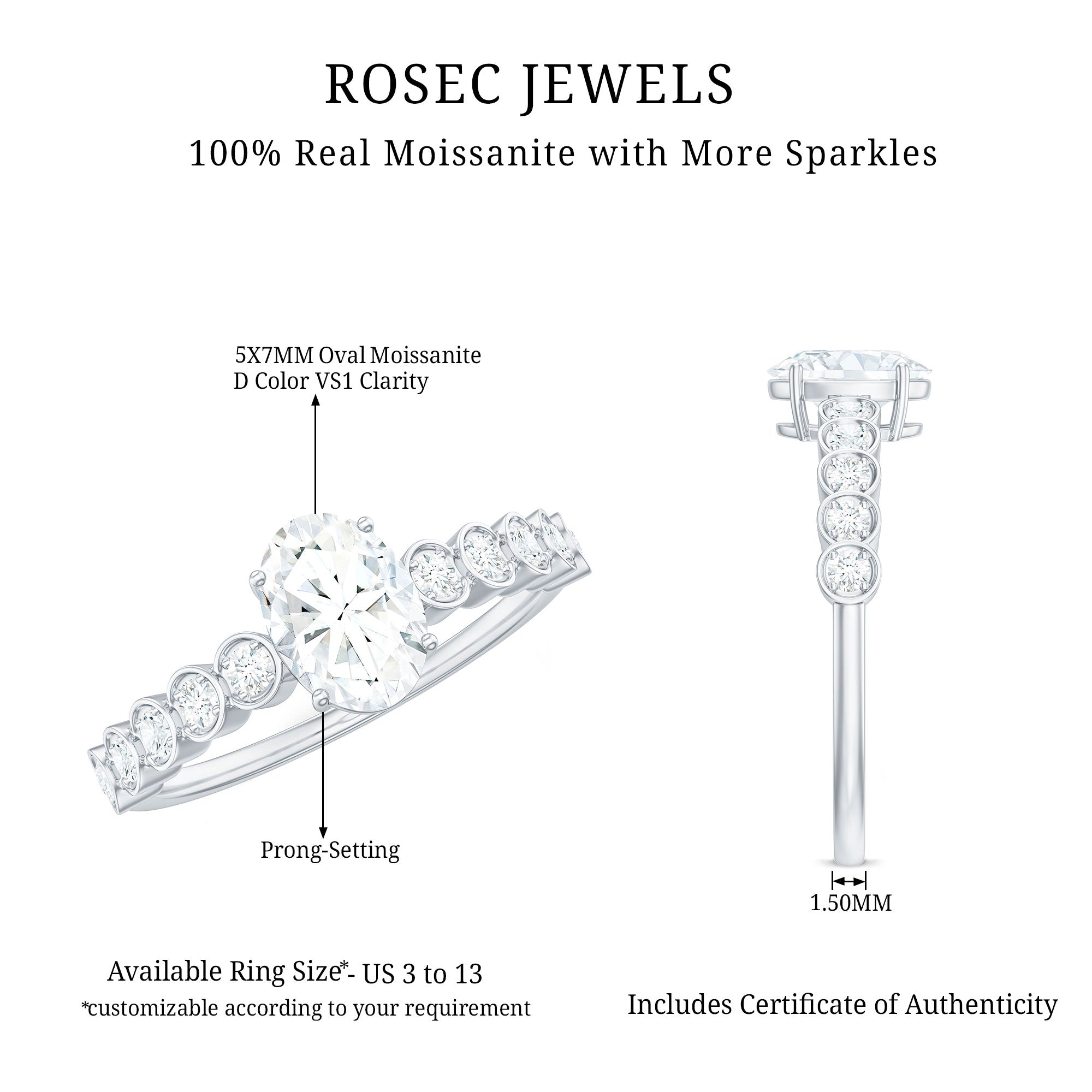 Certified Moissanite Oval Cut Engagement Ring with Side Stones D-VS1 - Rosec Jewels