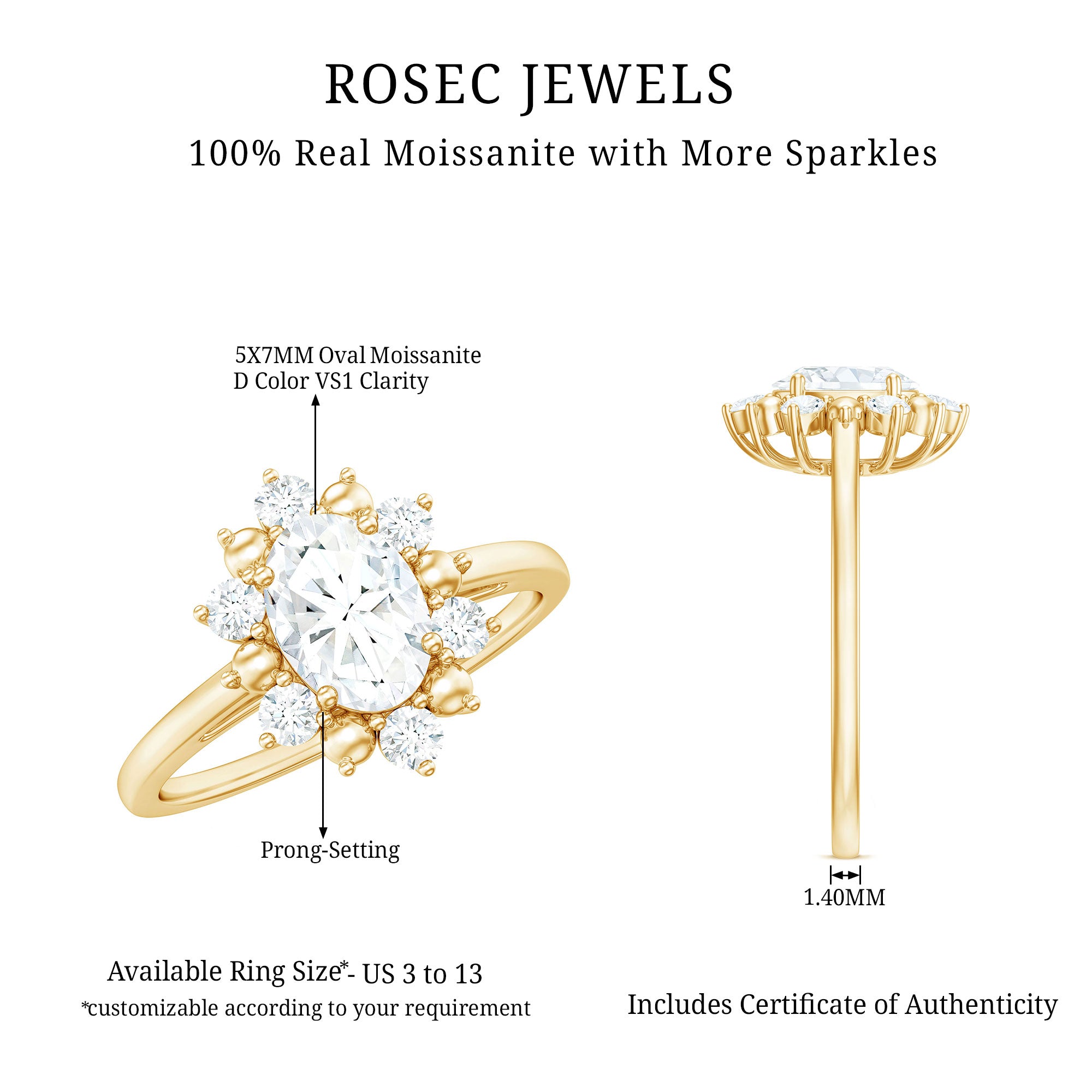 Certified Oval Moissanite Flower Halo Engagement Ring D-VS1 - Rosec Jewels