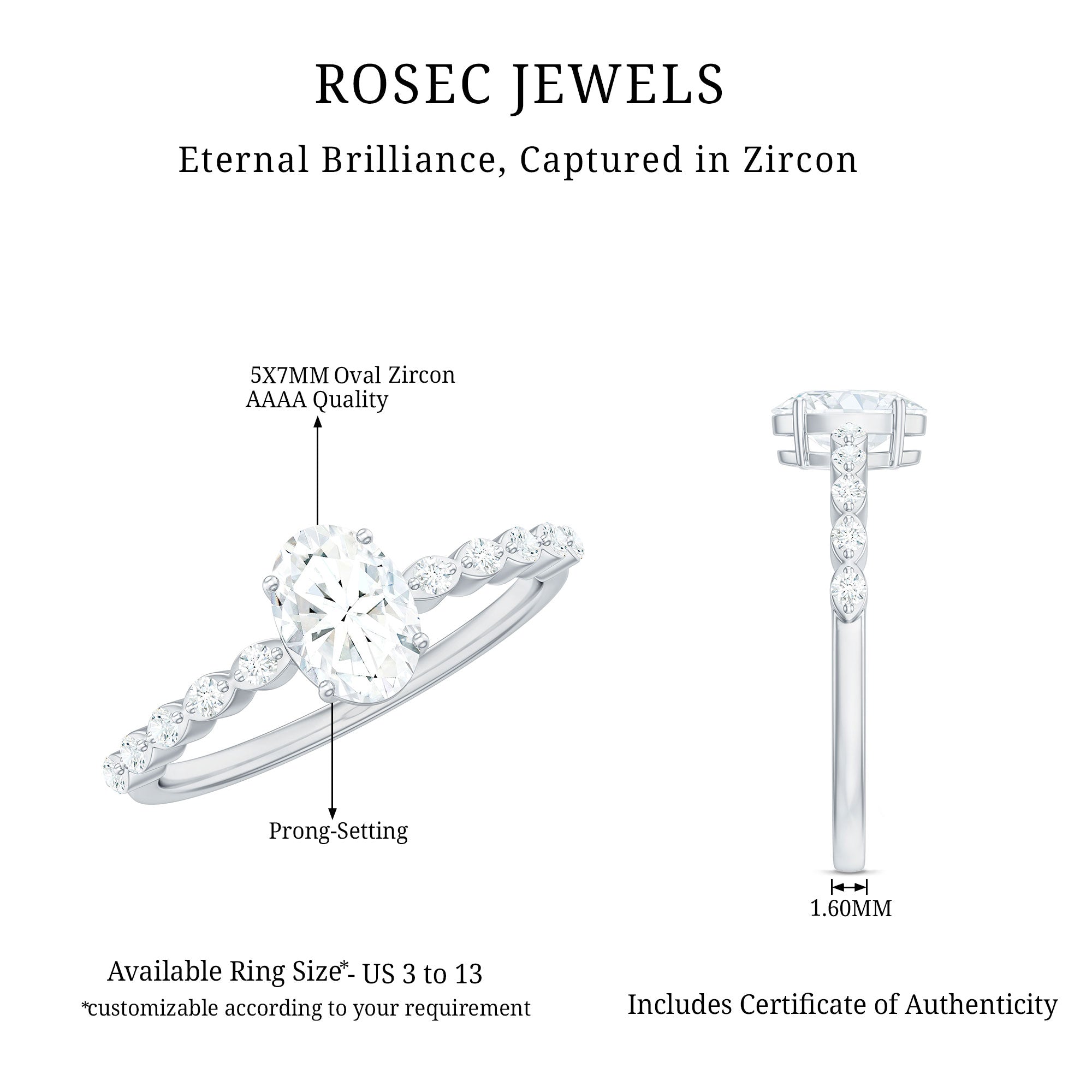 1.75 CT Oval Cut Solitaire Zircon Engagement Ring with Side Stones AAAA - Rosec Jewels