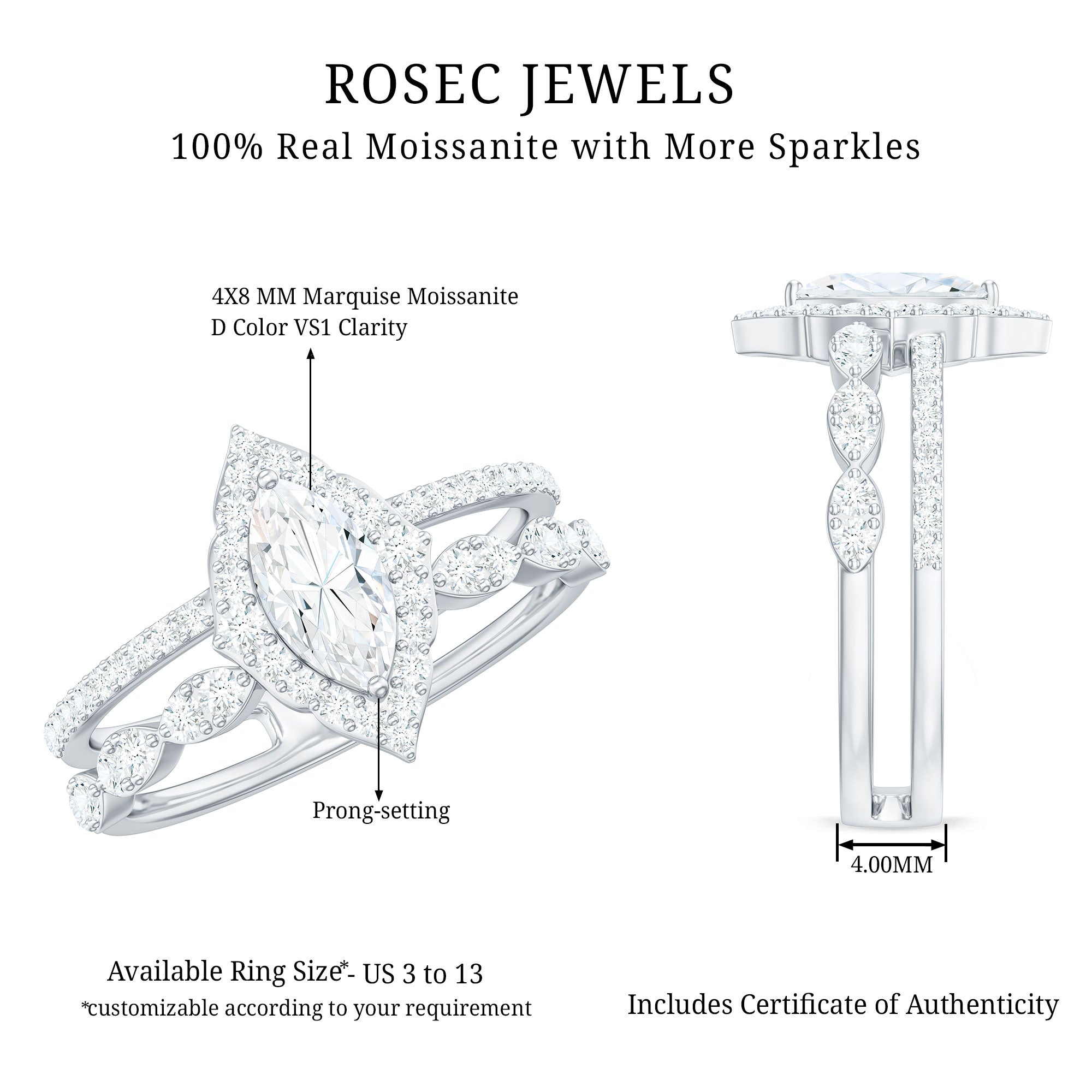 Rosec Jewels-Marquise Cut Moissanite Double Band Engagement Ring with Certificate