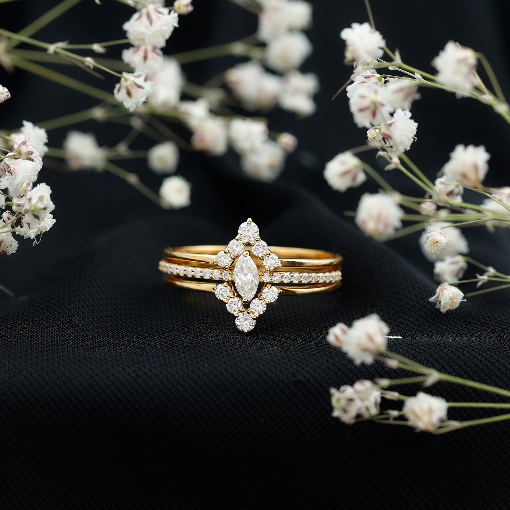 Rosec Jewels-Marquise Cut Moissanite Solitaire Trio Ring Set