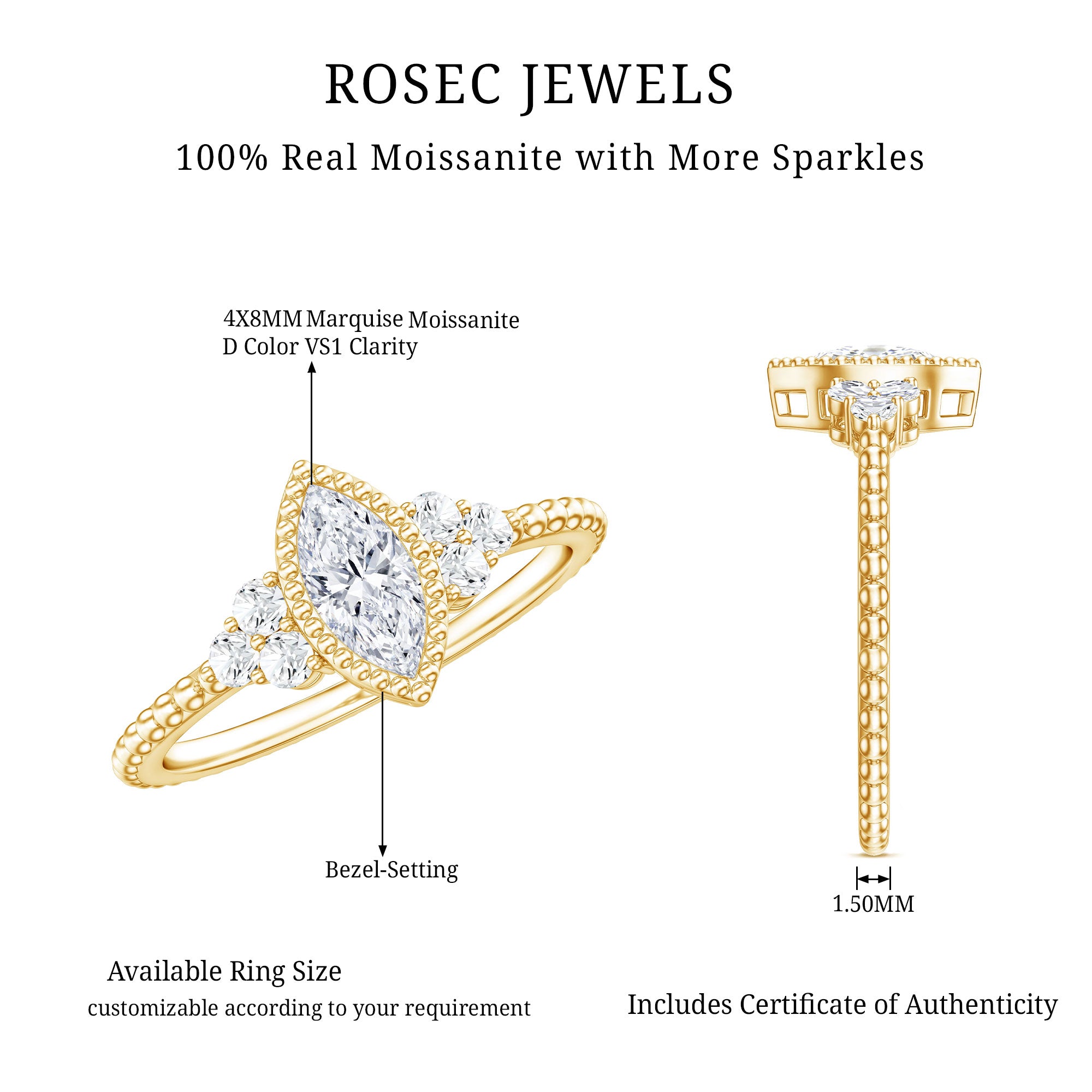 Marquise Cut Moissanite Vintage Looking Engagement Ring D-VS1 - Rosec Jewels