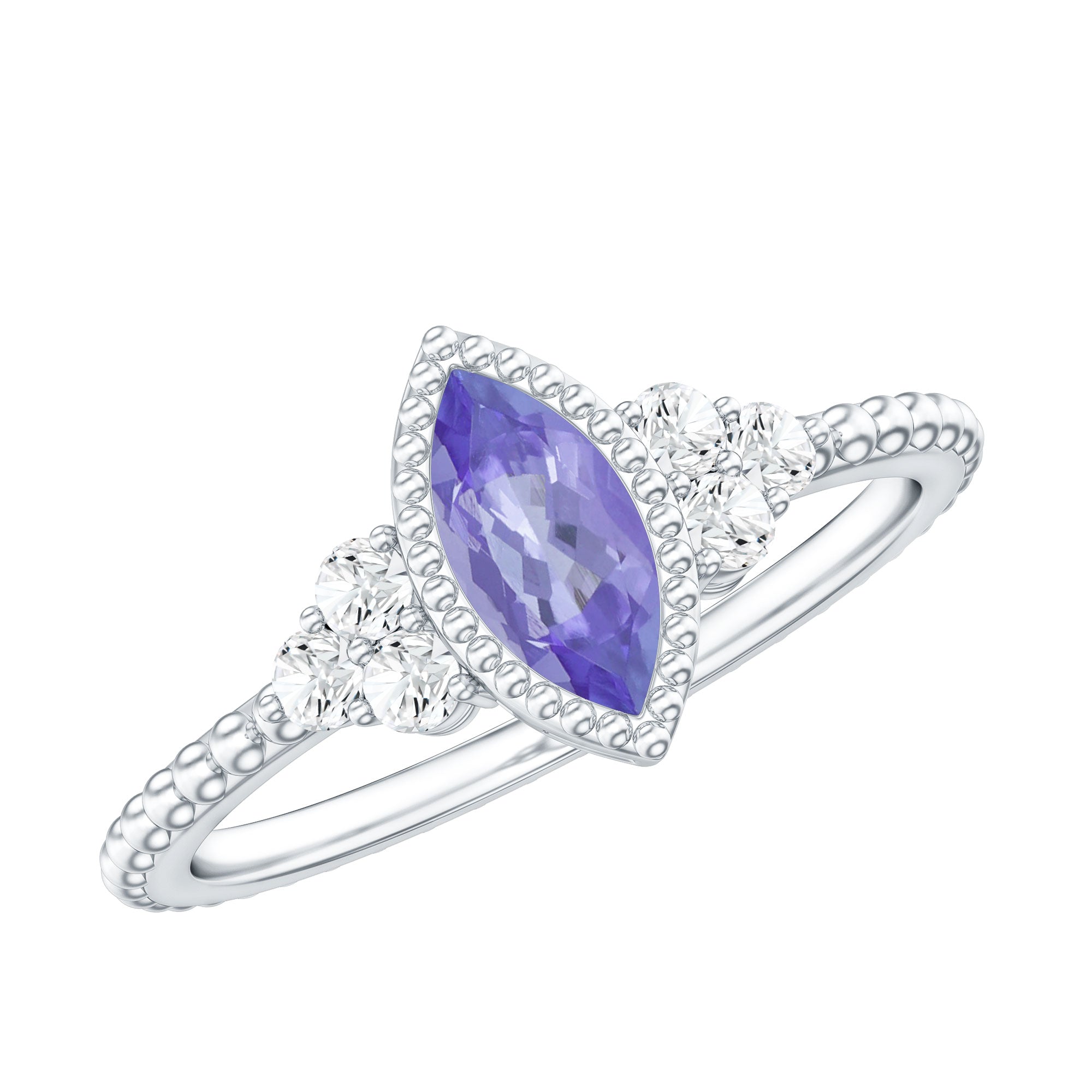 Vintage Style Marquise Tanzanite Promise Ring with Diamond Trio AAA - Rosec Jewels