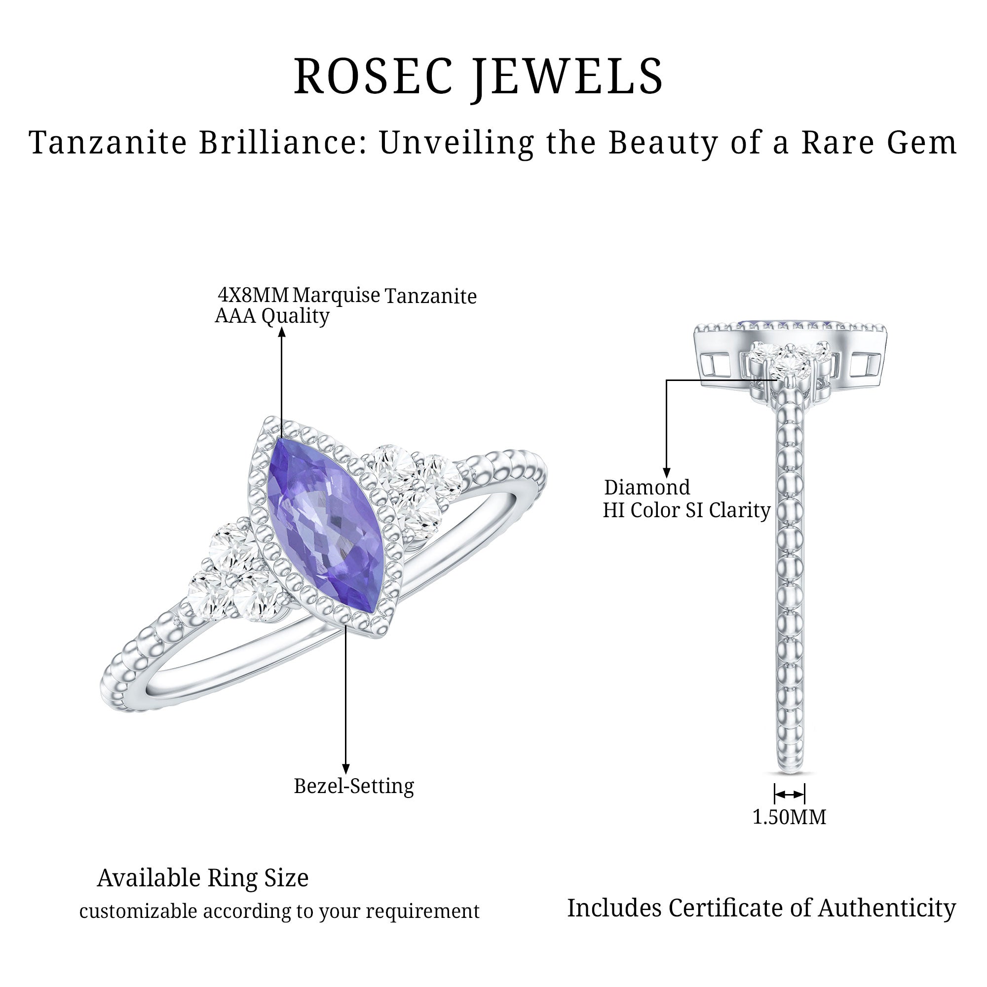 Vintage Style Marquise Tanzanite Promise Ring with Diamond Trio AAA - Rosec Jewels