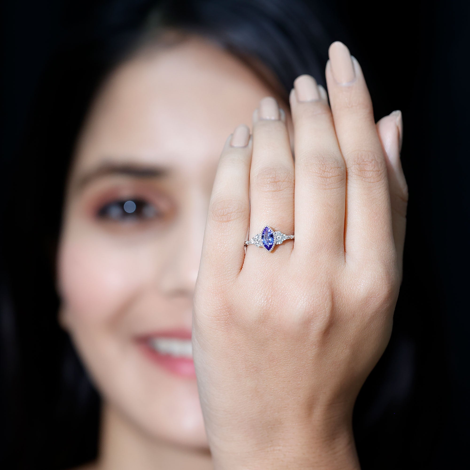 Vintage Style Marquise Tanzanite Promise Ring with Diamond Trio AAA - Rosec Jewels