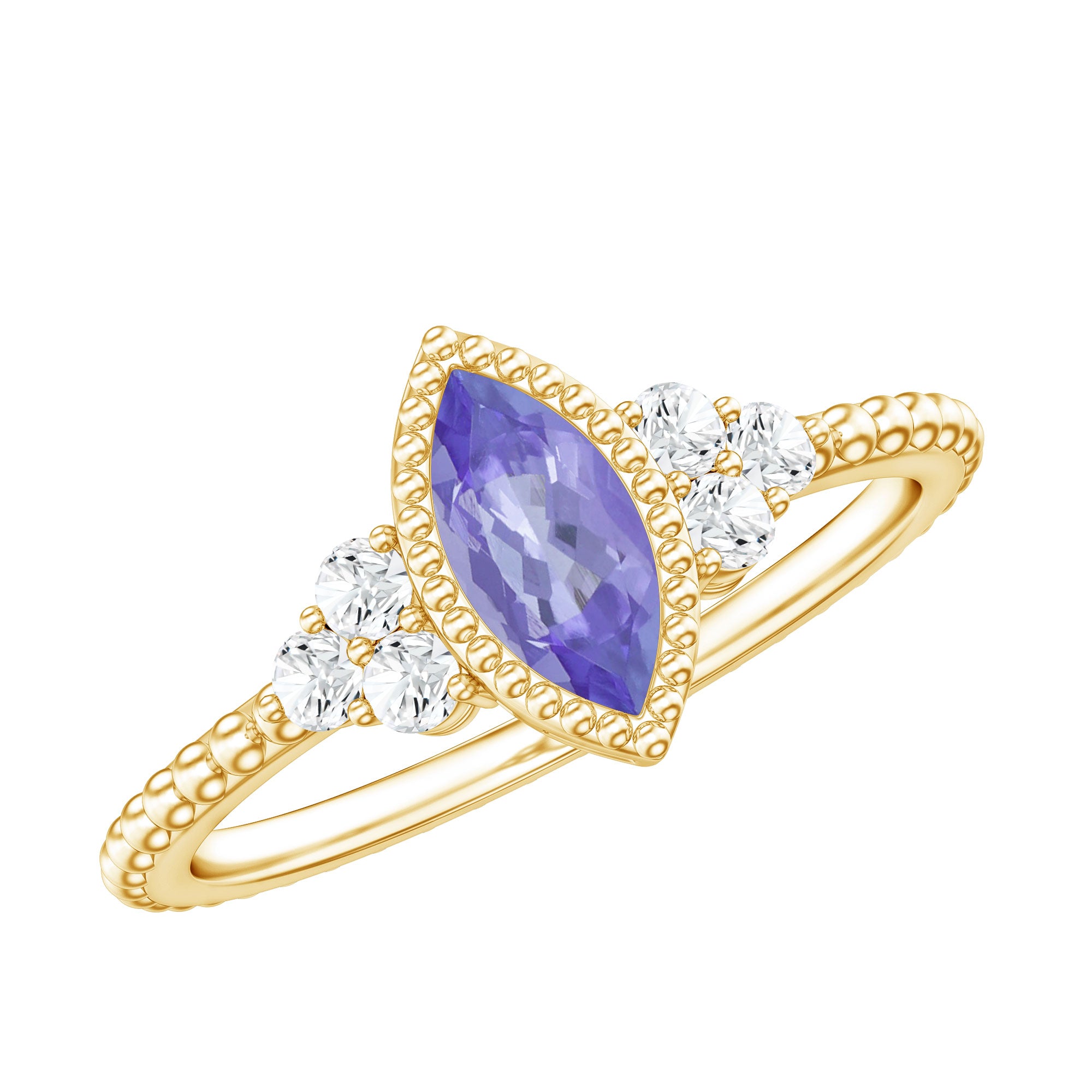 Vintage Style Marquise Tanzanite Promise Ring with Diamond Trio AAA - Rosec Jewels
