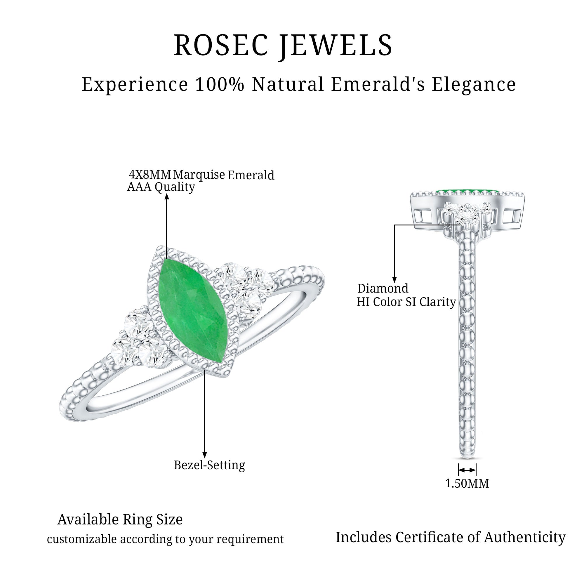 Vintage Inspired Emerald Promise Engagement Ring with Trio Diamond AAA - Rosec Jewels