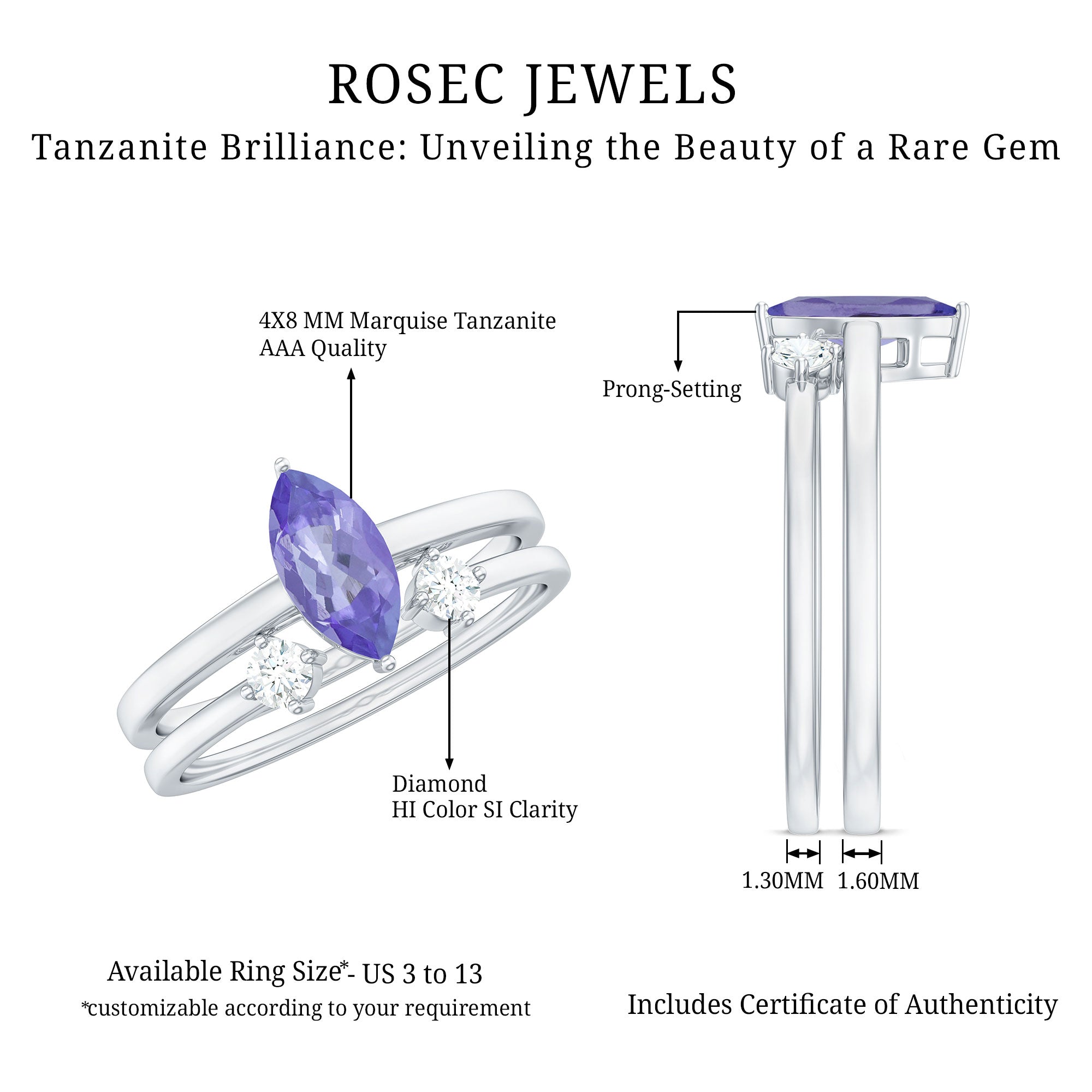 Natural Marquise Tanzanite Diamond Promise Ring Set of 2 AAA - Rosec Jewels