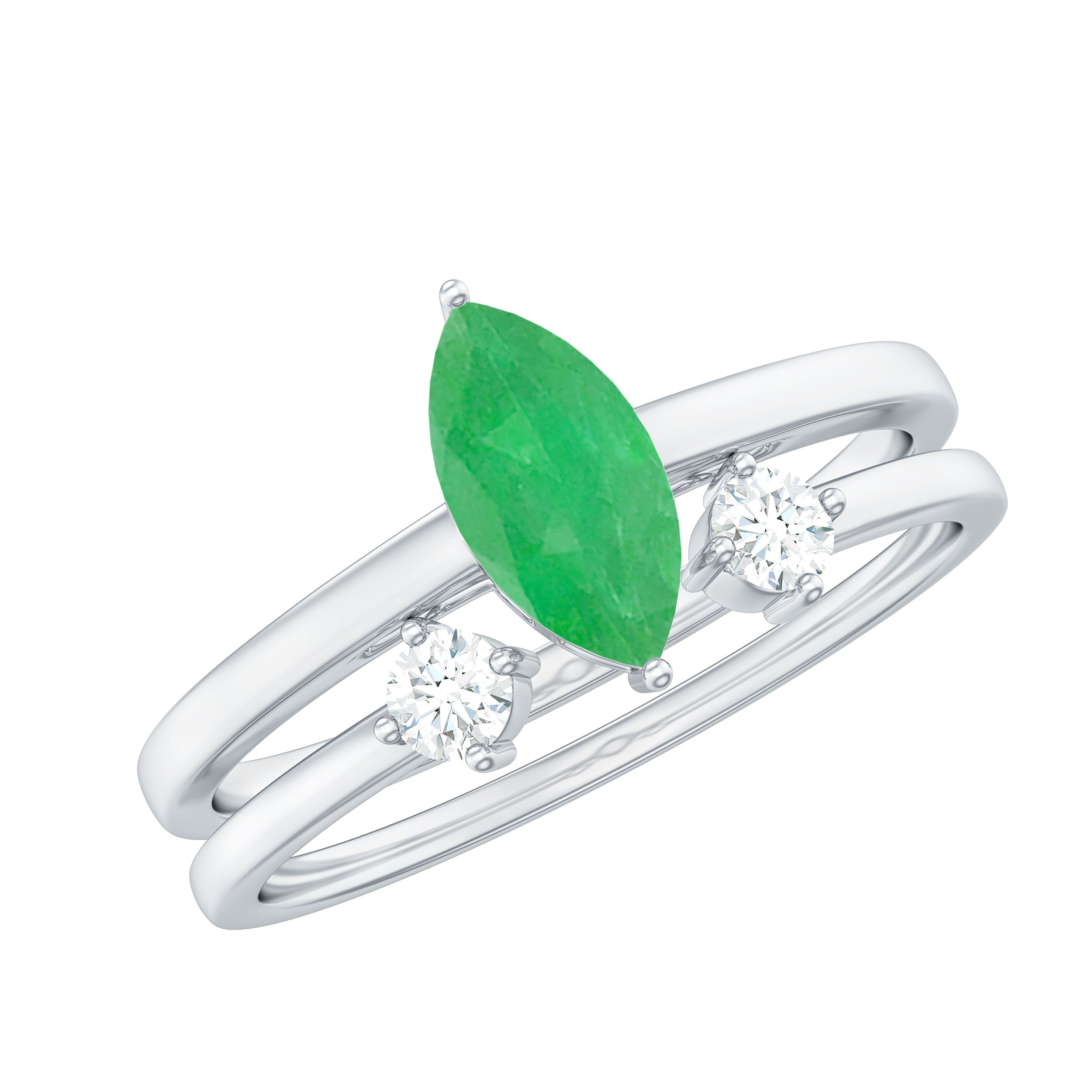 Natural Marquise Emerald Diamond Promise Ring Set of 2 AAA - Rosec Jewels