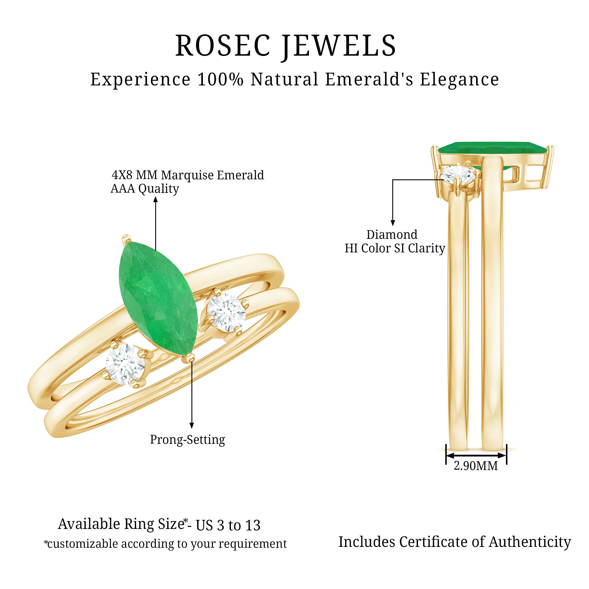 Natural Marquise Emerald Diamond Promise Ring Set of 2 AAA - Rosec Jewels