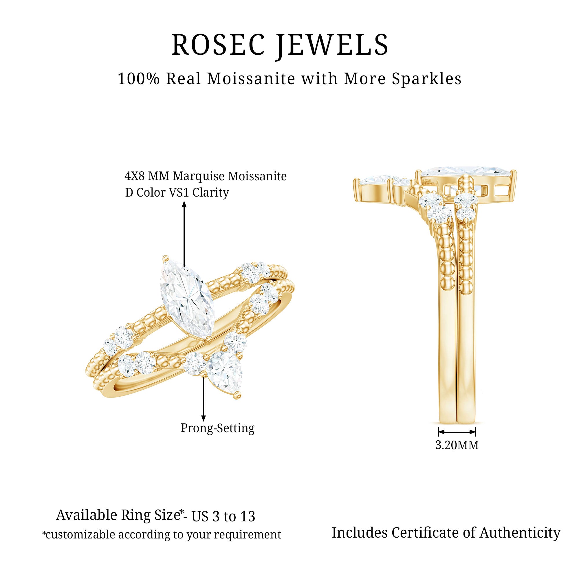 Marquise Cut Moissanite Wedding Ring Set with Beaded Detail D-VS1 - Rosec Jewels