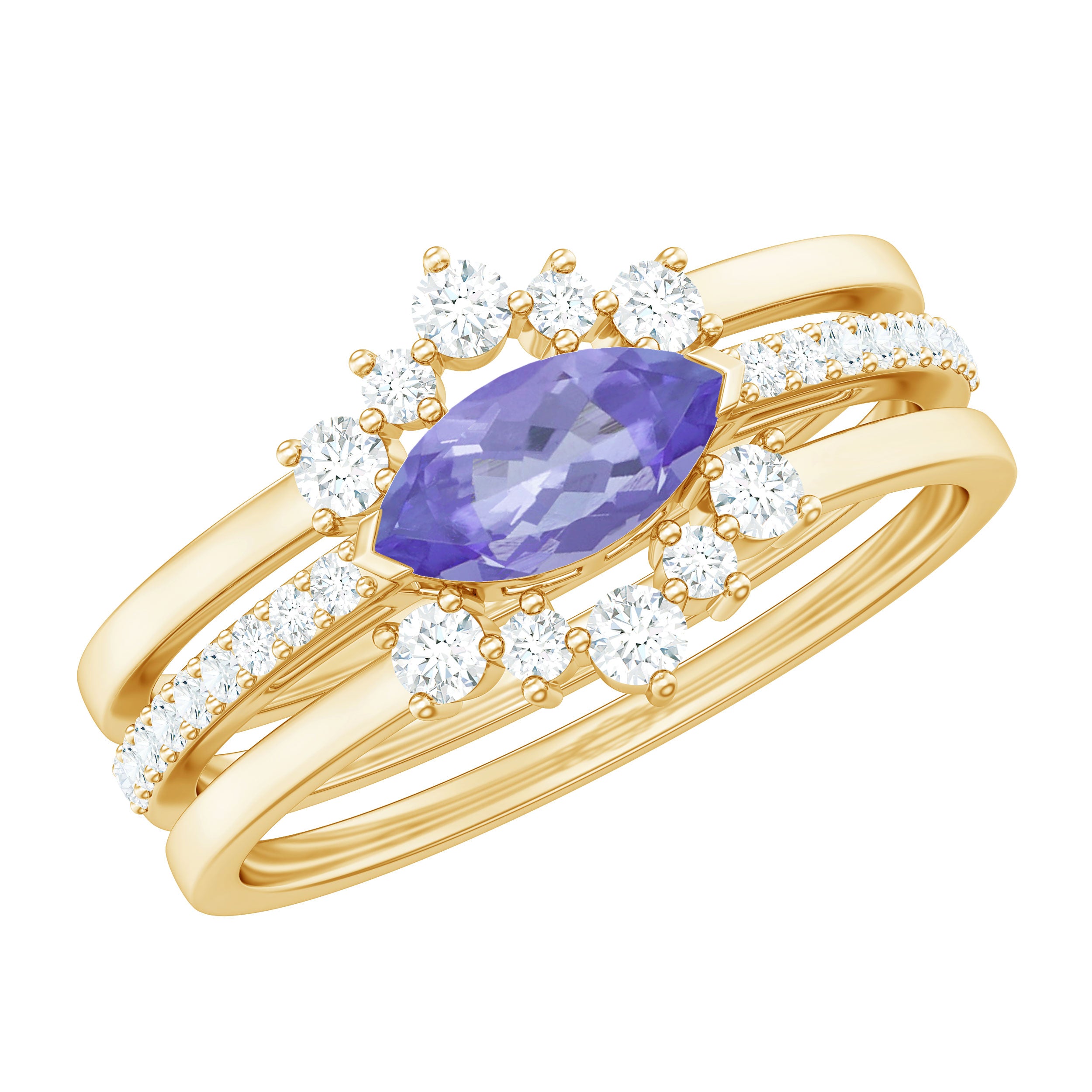 Certified Real Marquise Tanzanite 3 Piece Wedding Ring Set with Diamond AAA - Rosec Jewels