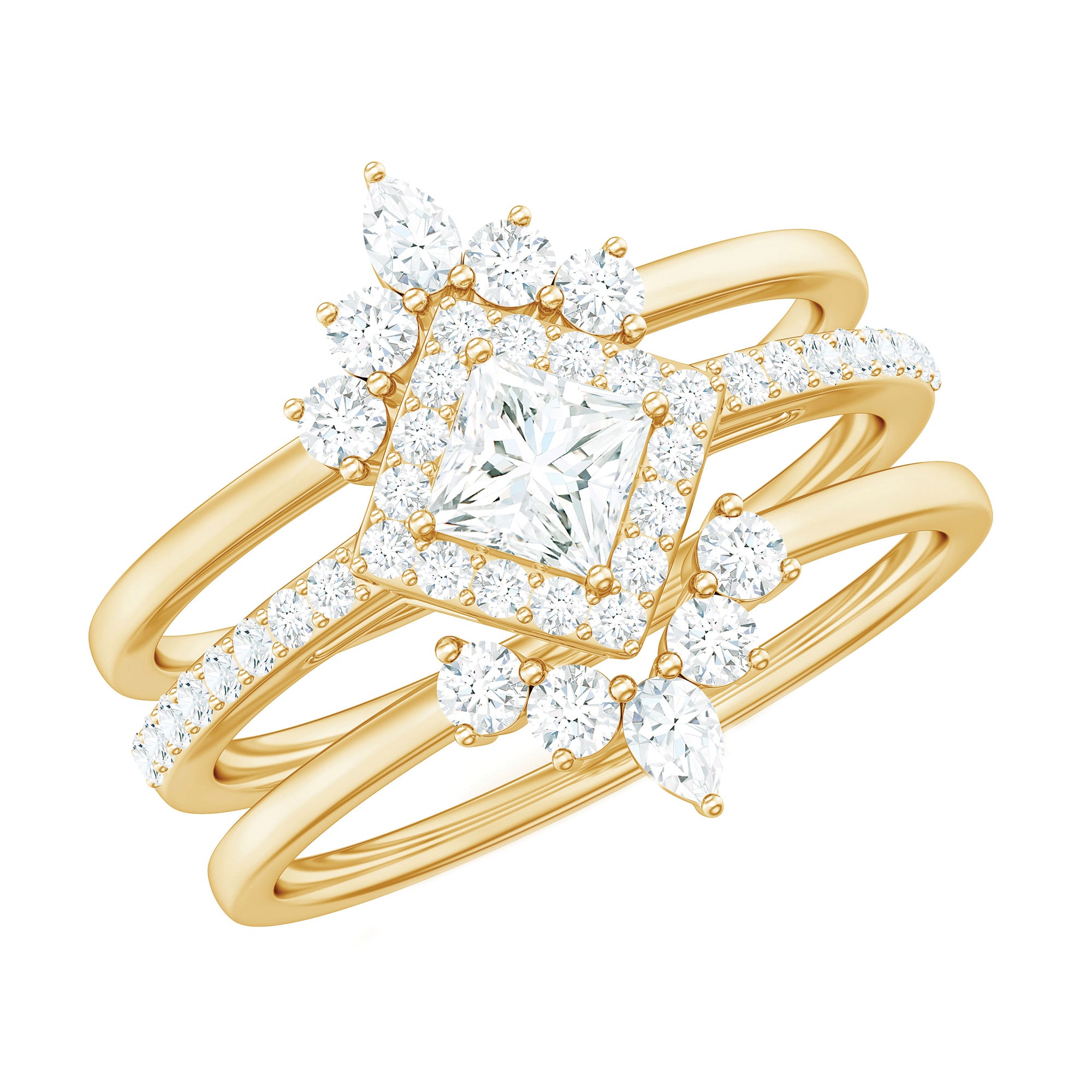 Princess Cut Moissanite Trio Bridal Ring Set with Certificate D-VS1 - Rosec Jewels