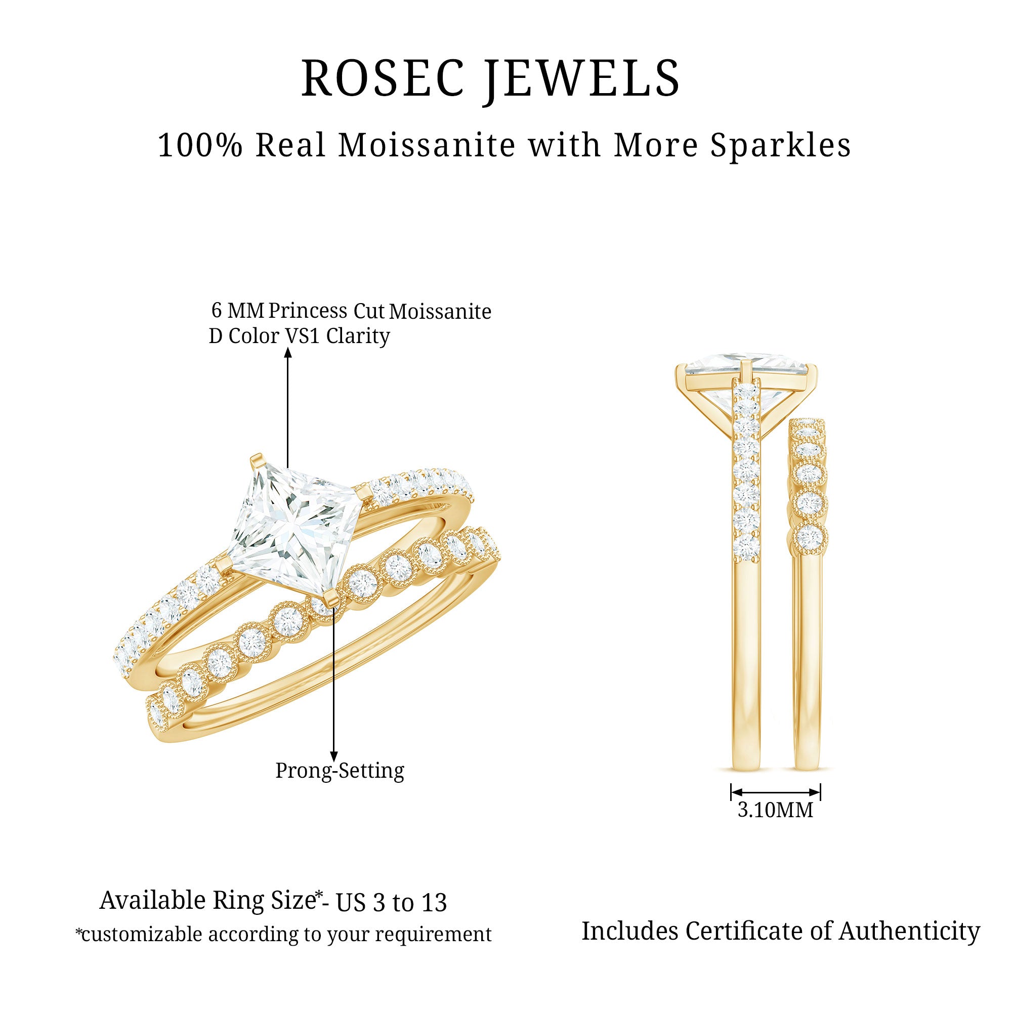 Rosec Jewels-Princess Cut Moissanite Engagement Ring with Wedding Band Set
