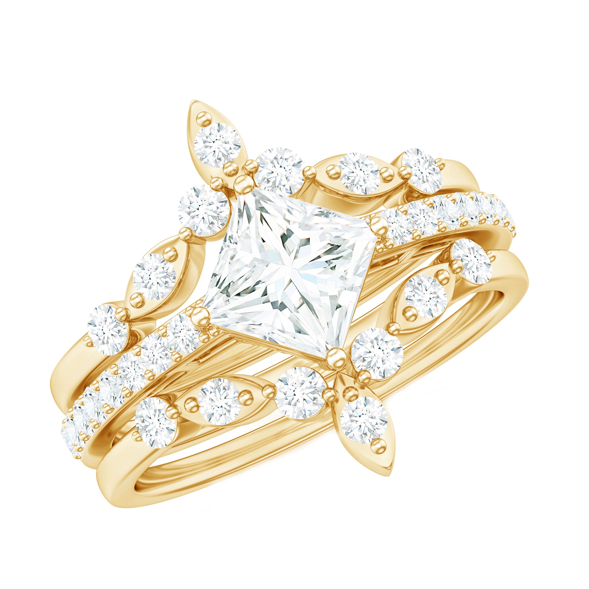 Rosec Jewels-Classic Trio Bridal Ring Set with Princess and Round Cut Moissanites