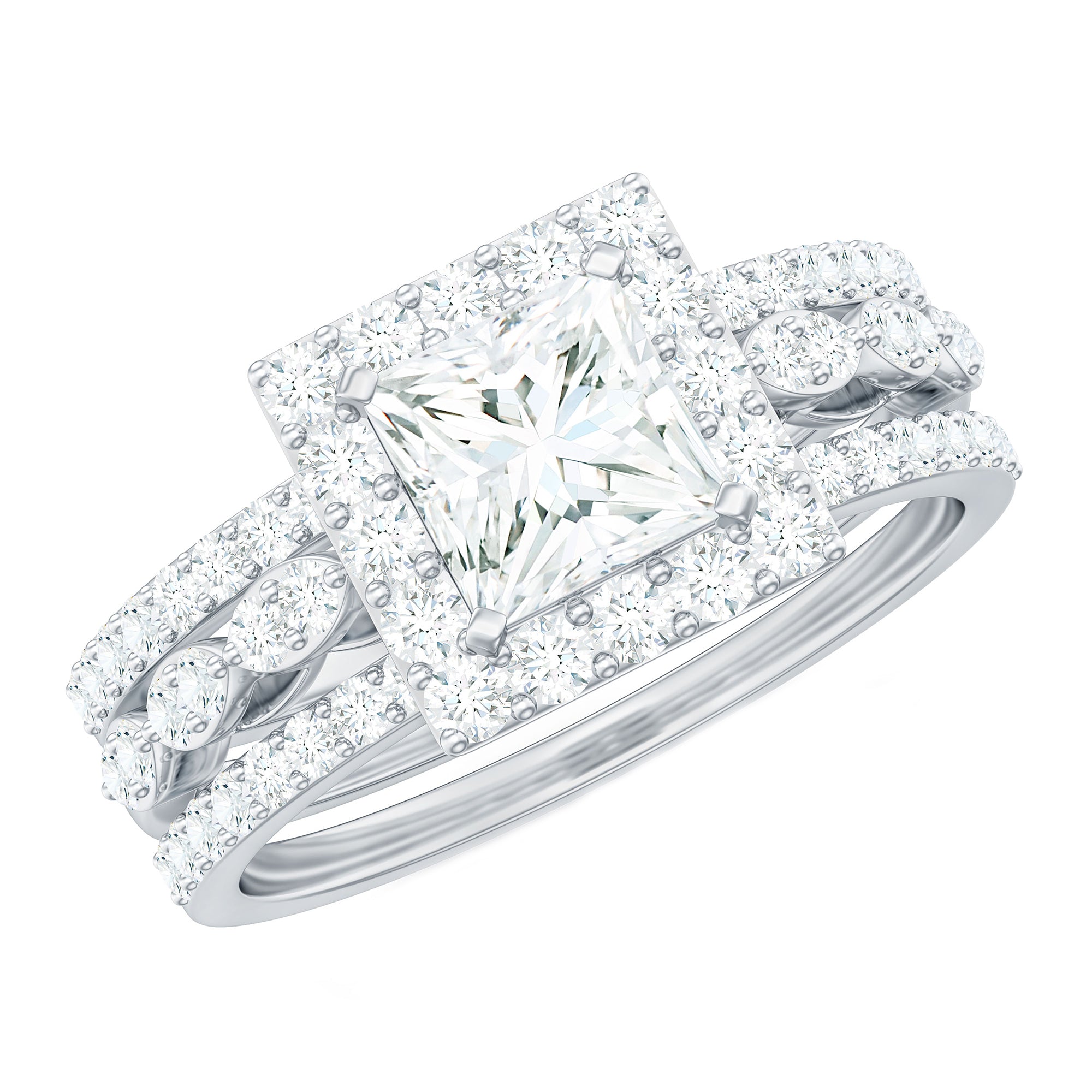 Princess Cut Moissanite Halo Engagement Ring with Wedding Bands