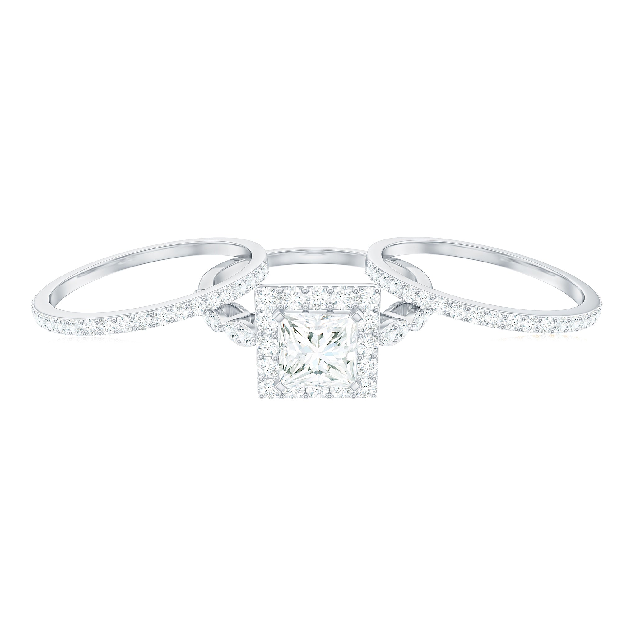Rosec Jewels-Princess Cut Moissanite Halo Engagement Ring with Wedding Bands
