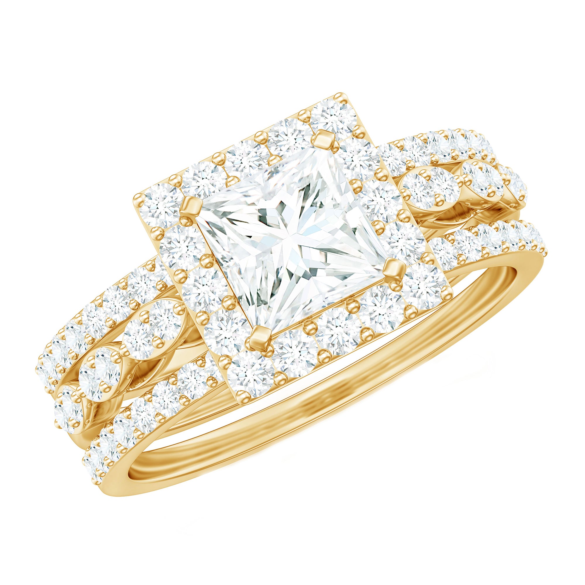 Rosec Jewels-Princess Cut Moissanite Halo Engagement Ring with Wedding Bands