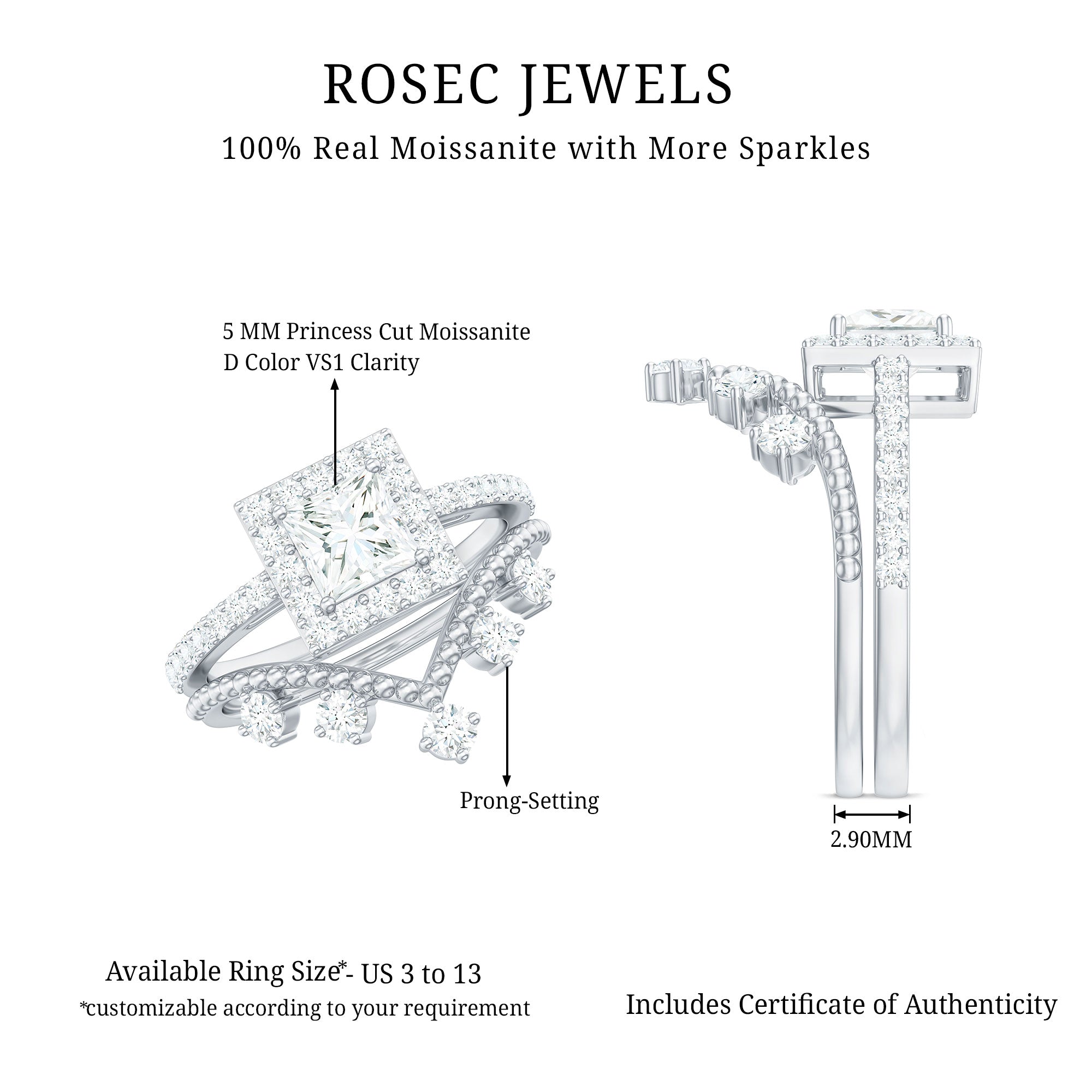 Princess Cut Moissanite Halo Wedding Ring Set with Certificate D-VS1 - Rosec Jewels