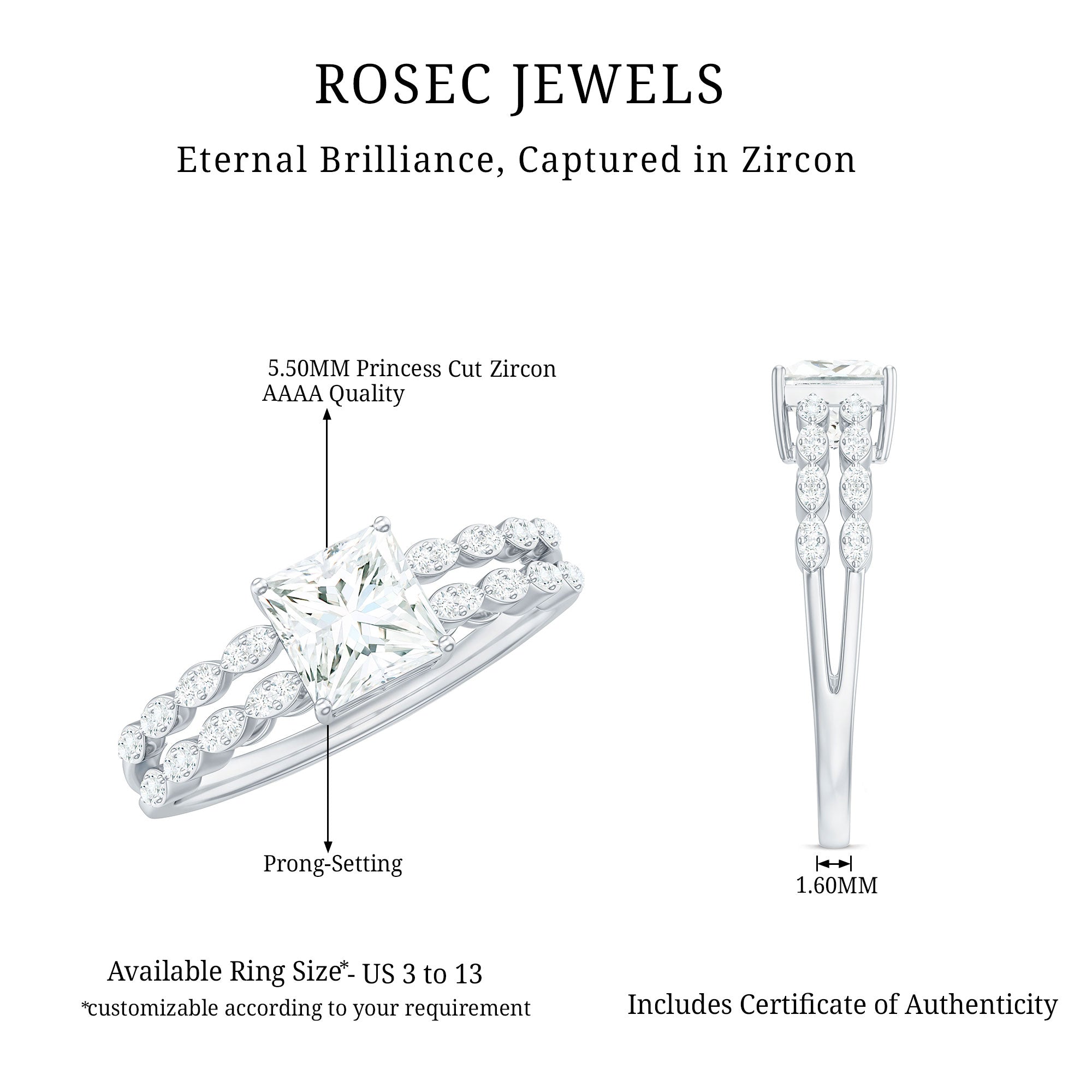 Princess Cut Zircon Double Band Engagement Ring with Side Stones AAAA - Rosec Jewels