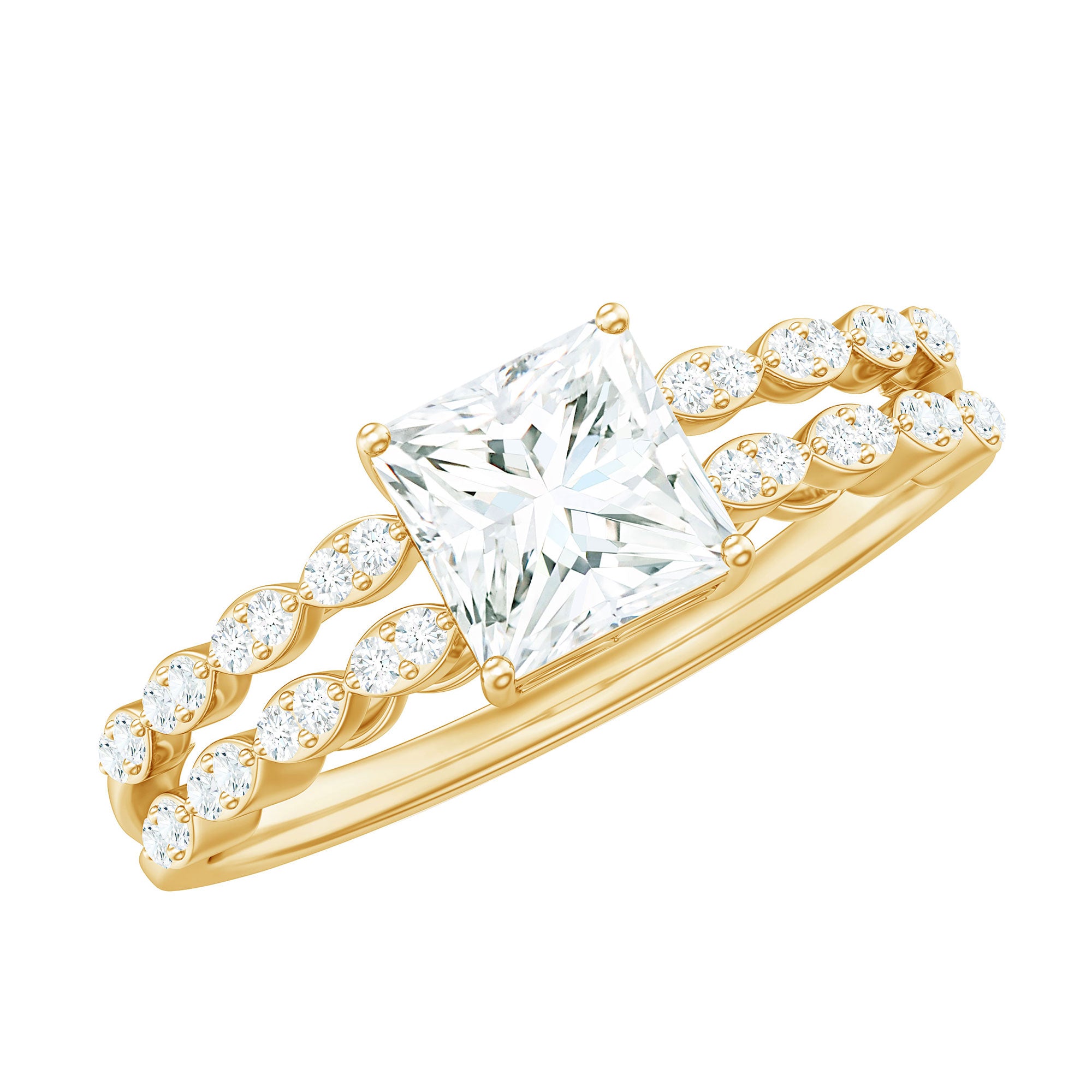 Princess Cut Zircon Double Band Engagement Ring with Side Stones AAAA - Rosec Jewels
