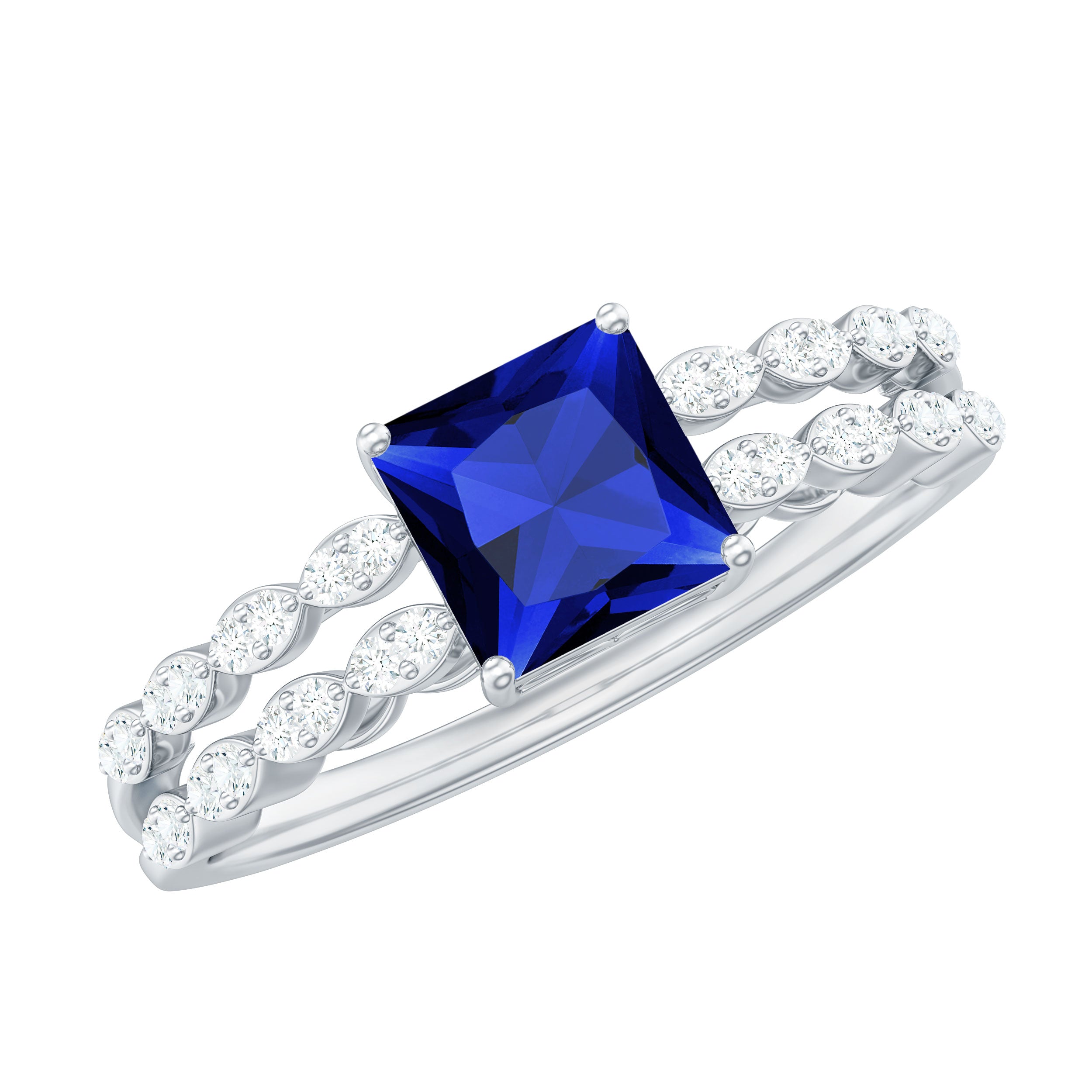 Princess Cut Created Blue Sapphire Double Band Engagement Ring with Diamond