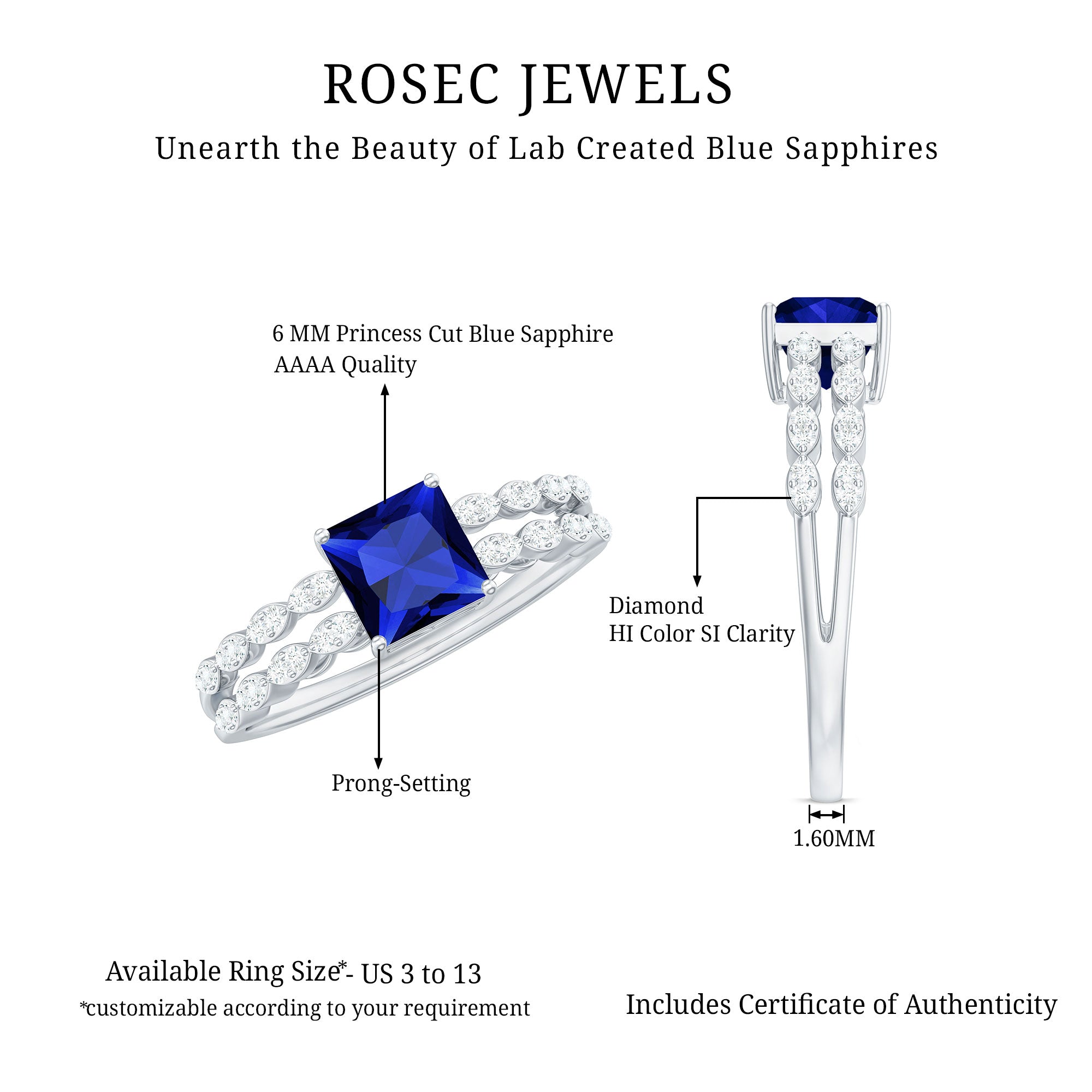 Certified 1.5 Carat Princess Cut Lab Grown Blue Sapphire Double Band Engagement Ring with Diamond AAAA - Rosec Jewels